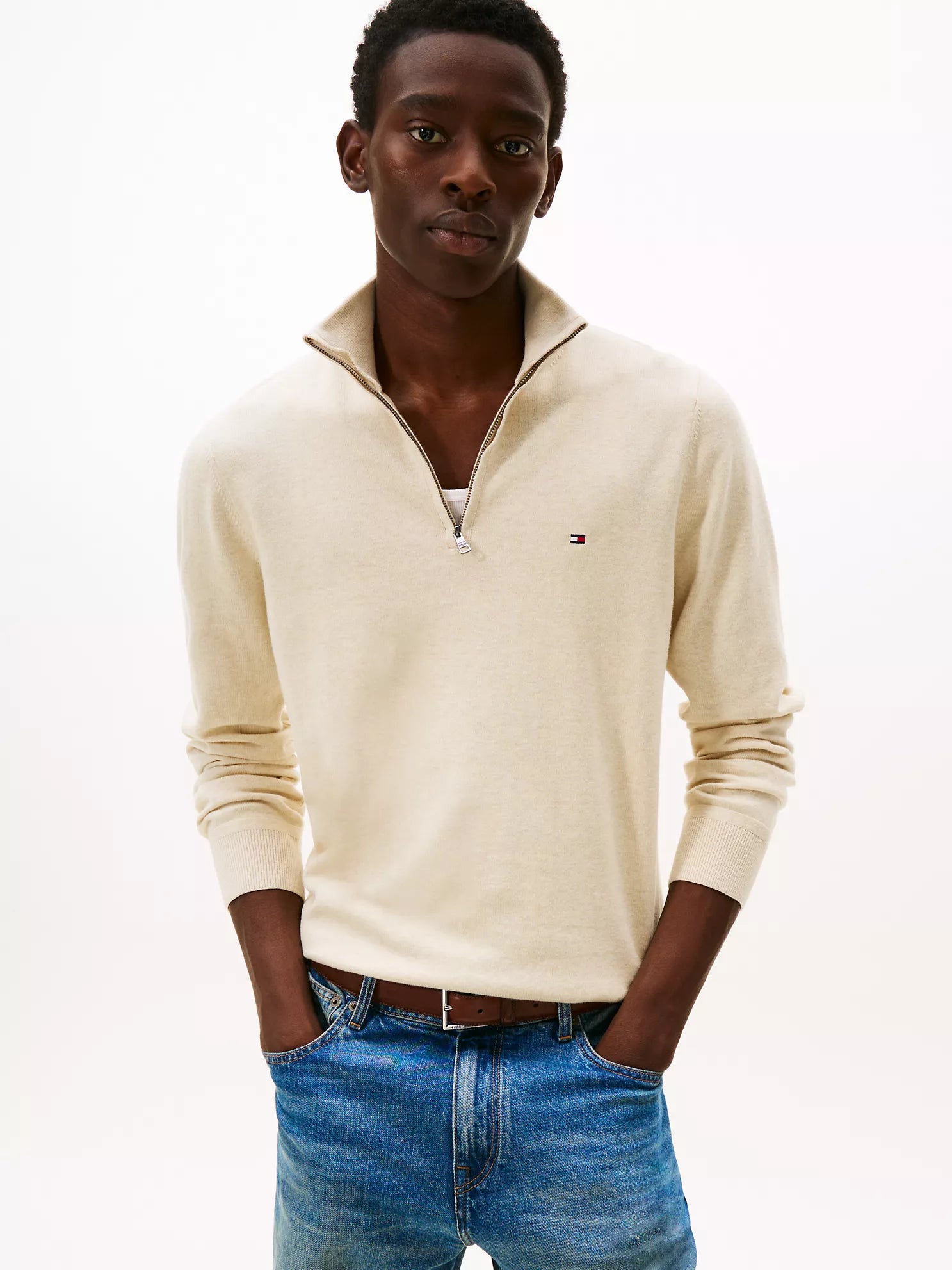 Tommy MENS' Classic Quarter-Zip Sweater Beige