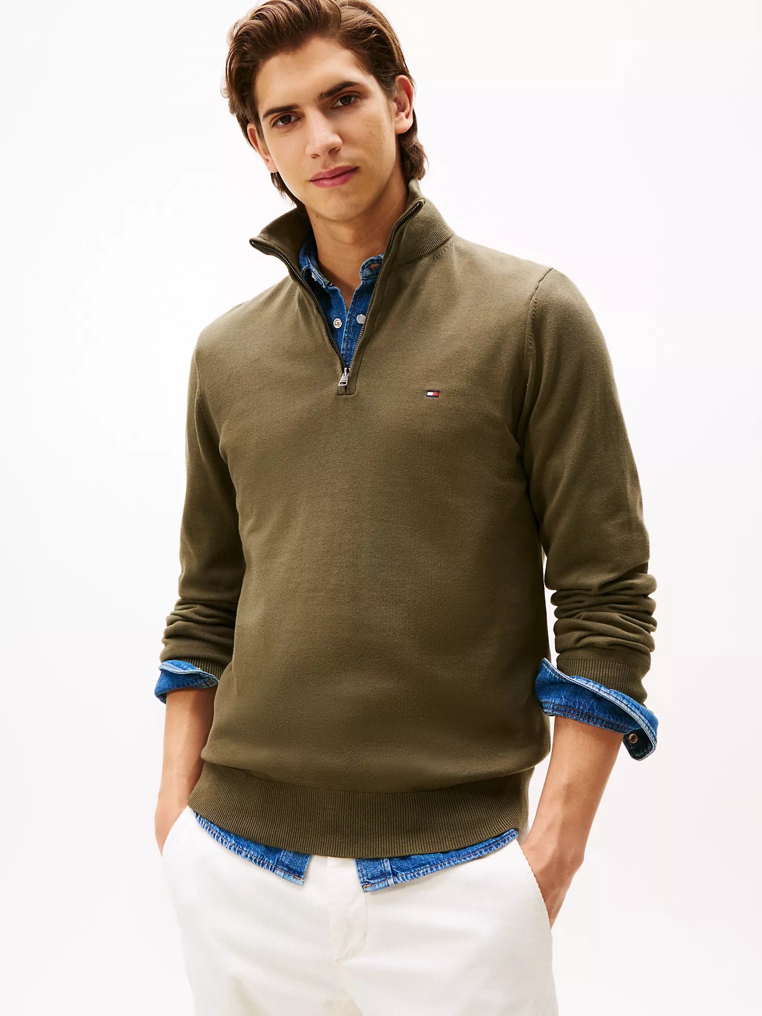 Tommy MENS' Classic Quarter-Zip Sweater Army Green