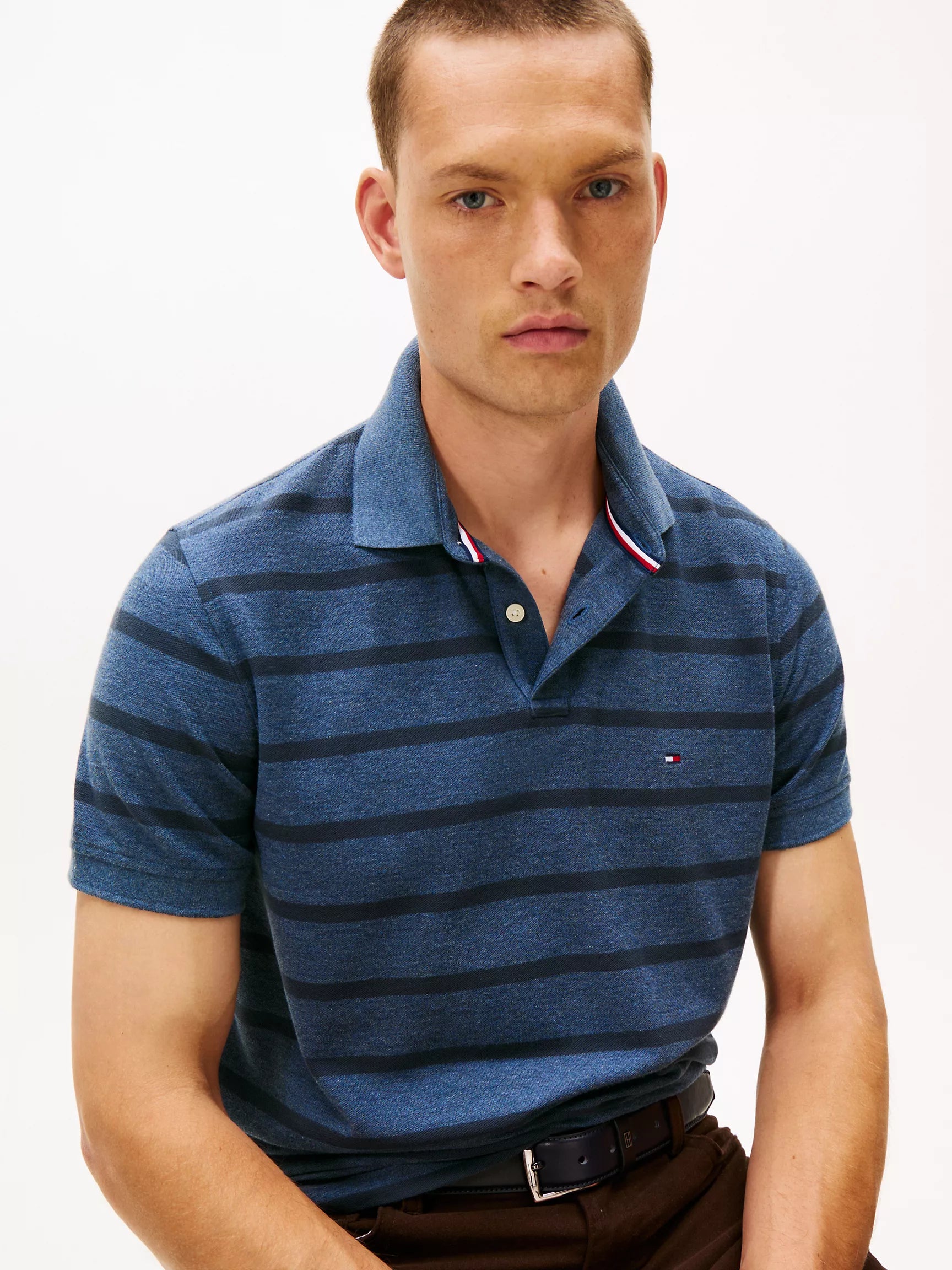 Tommy Mens' Regular Fit Stripe Wicking Polo/ Blue Heather