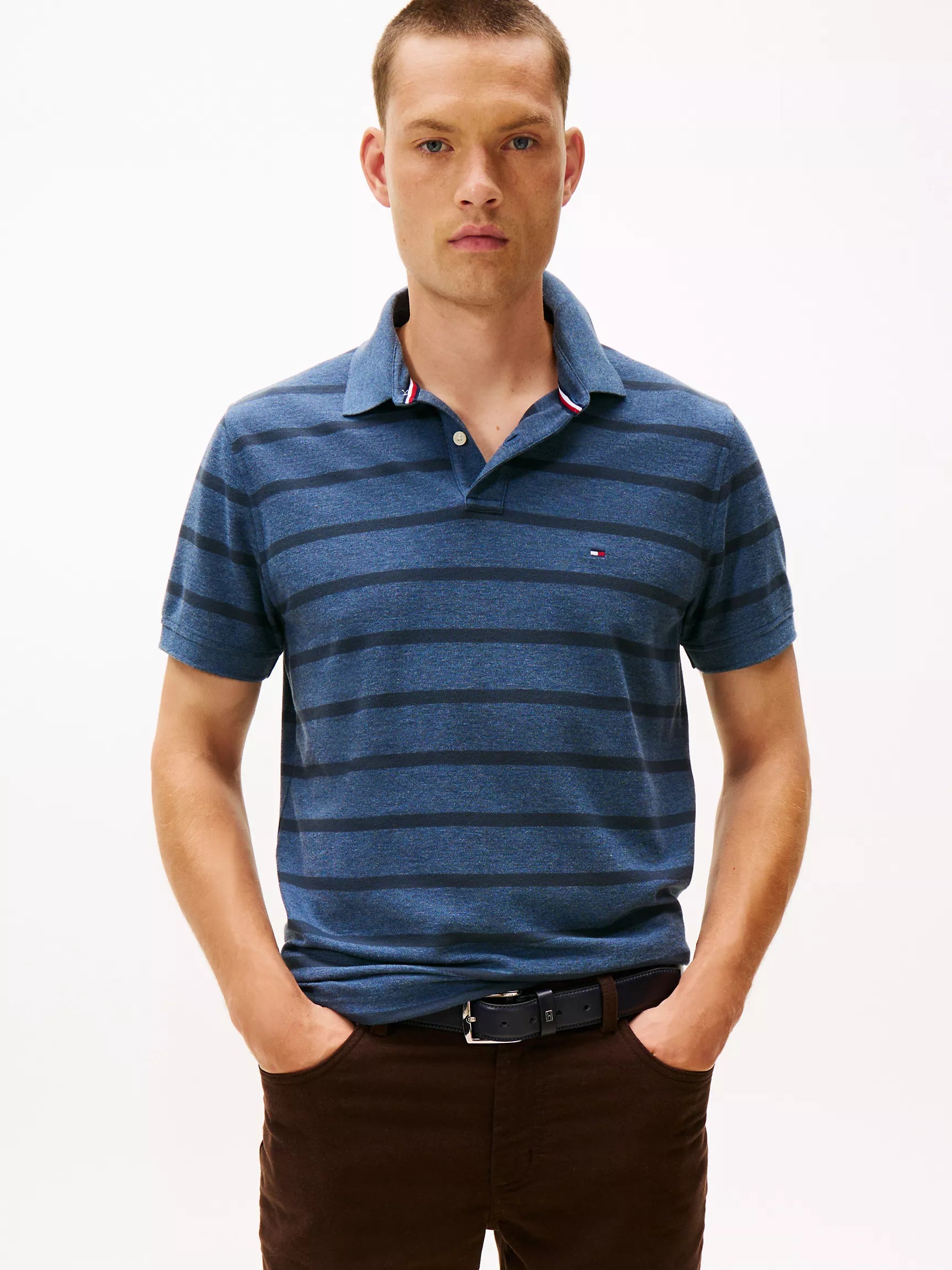 Tommy Mens' Regular Fit Stripe Wicking Polo/ Blue Heather