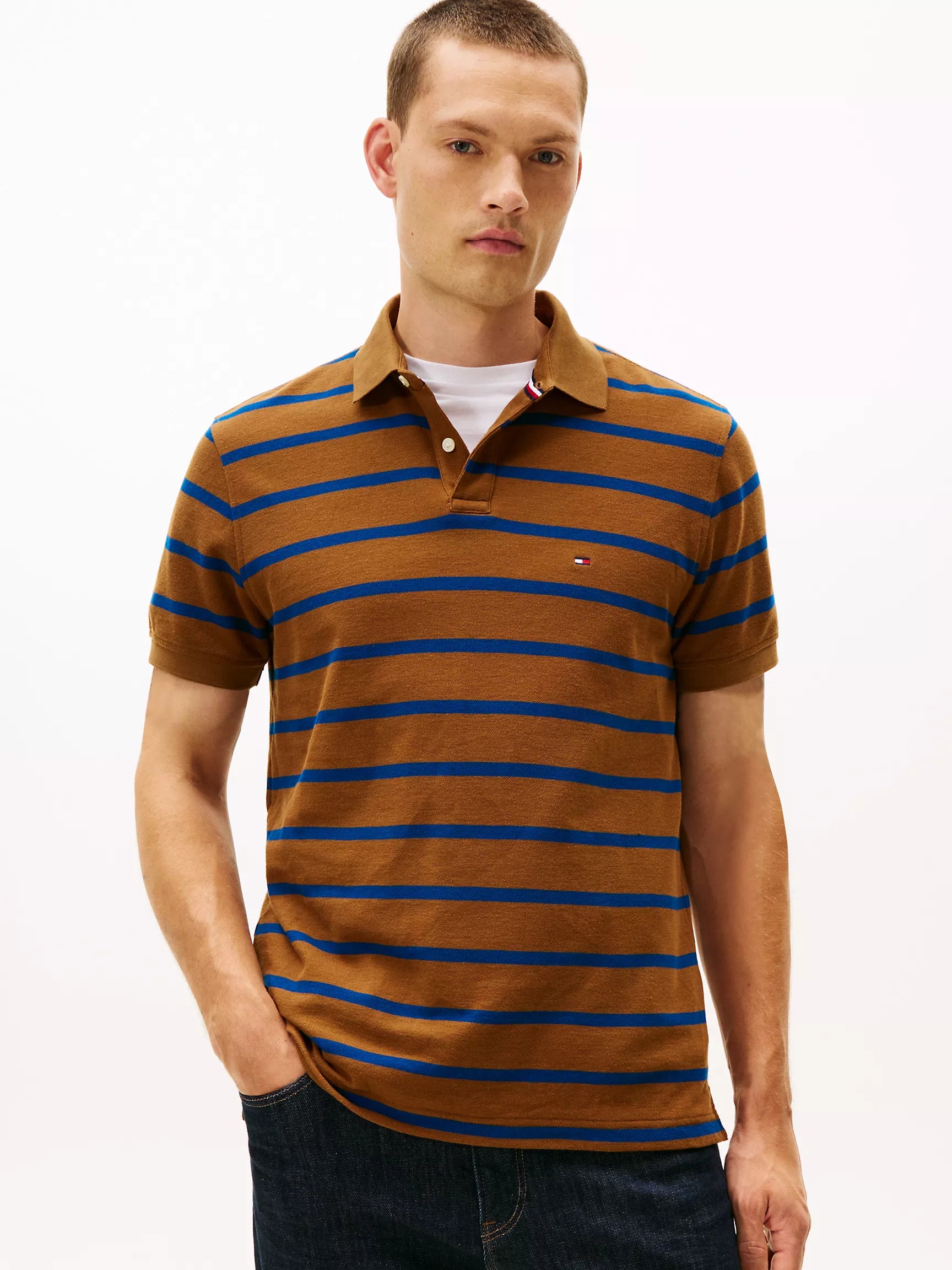 Tommy Mens' Regular Fit Stripe Wicking Polo/ Highland Khaki Stripe