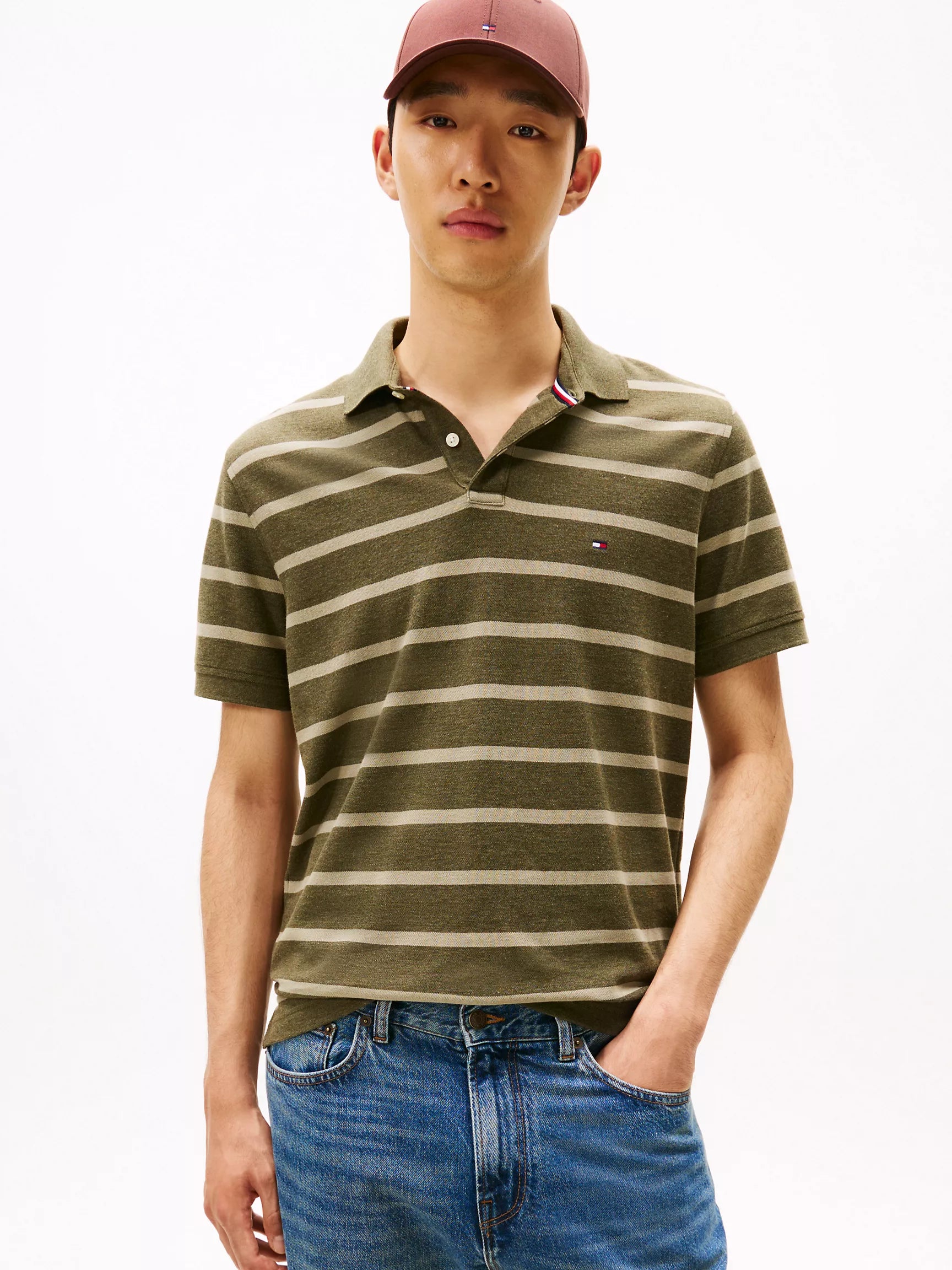 Tommy Mens' Regular Fit Stripe Wicking Polo Green Stripe