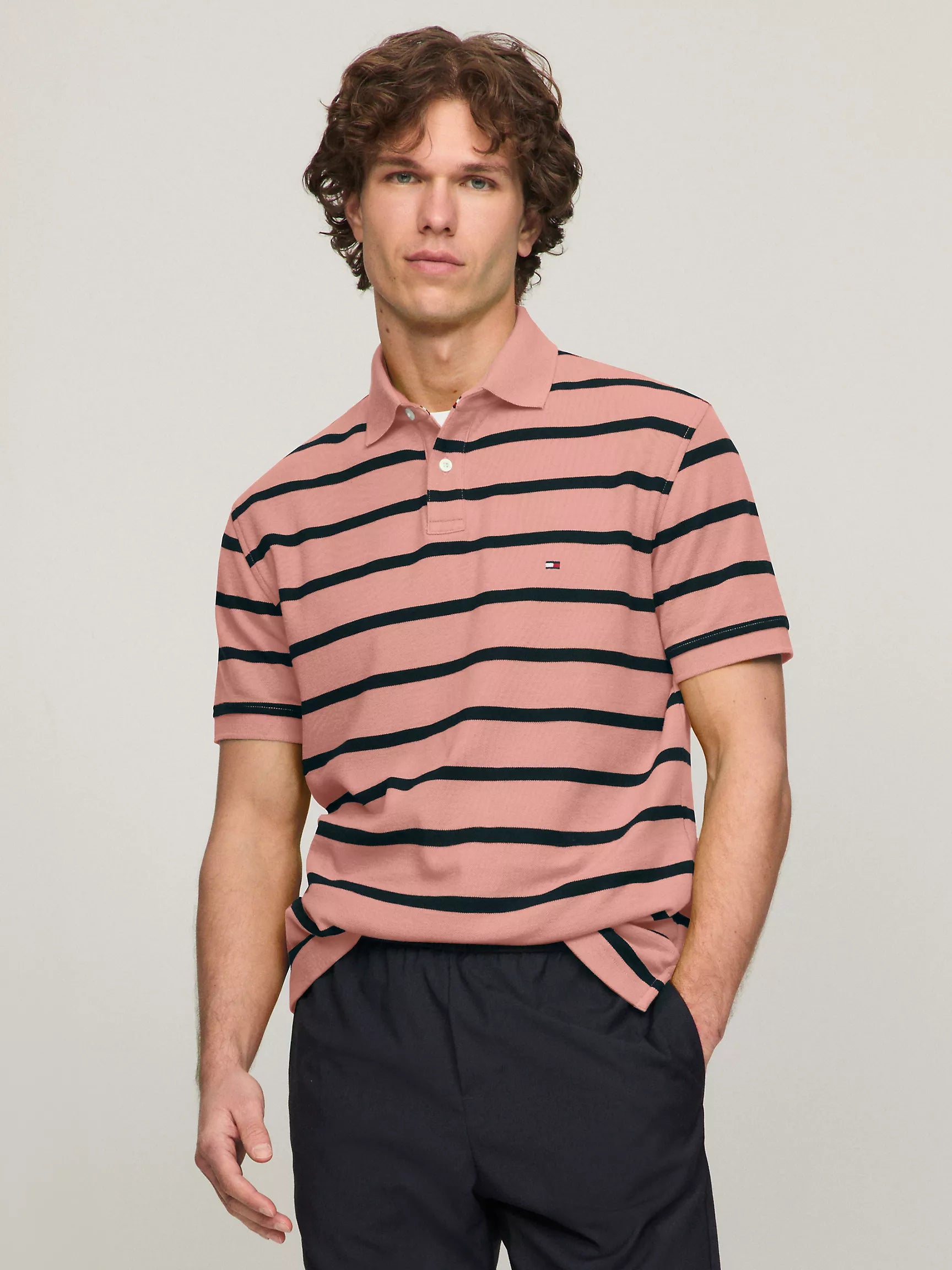 Mens' Regular Fit Stripe Wicking Polo/Pink Peony Stripe