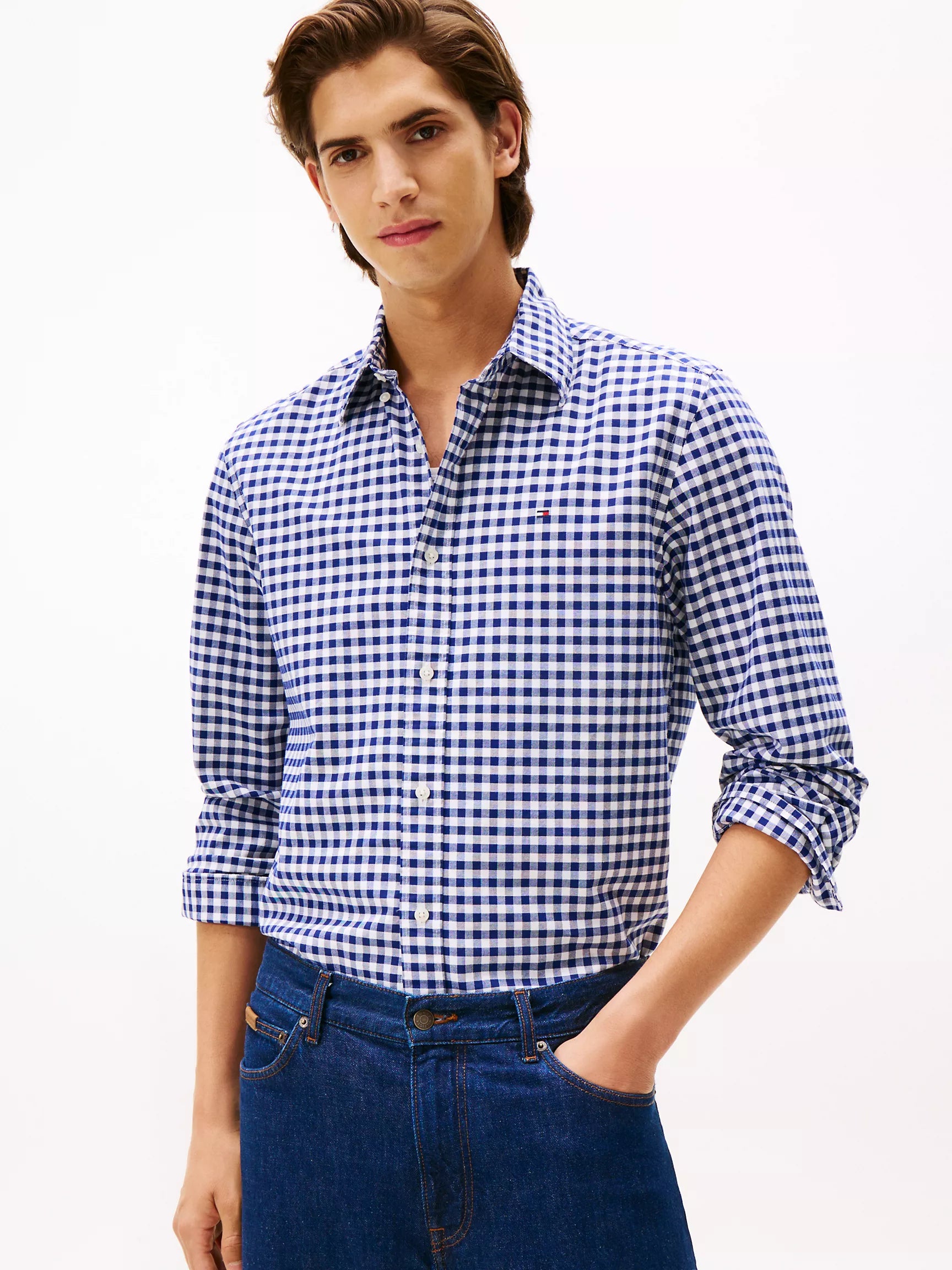 Tommy Mens' Regular Fit Gingham Oxford Shirt/ Navy/Optic White