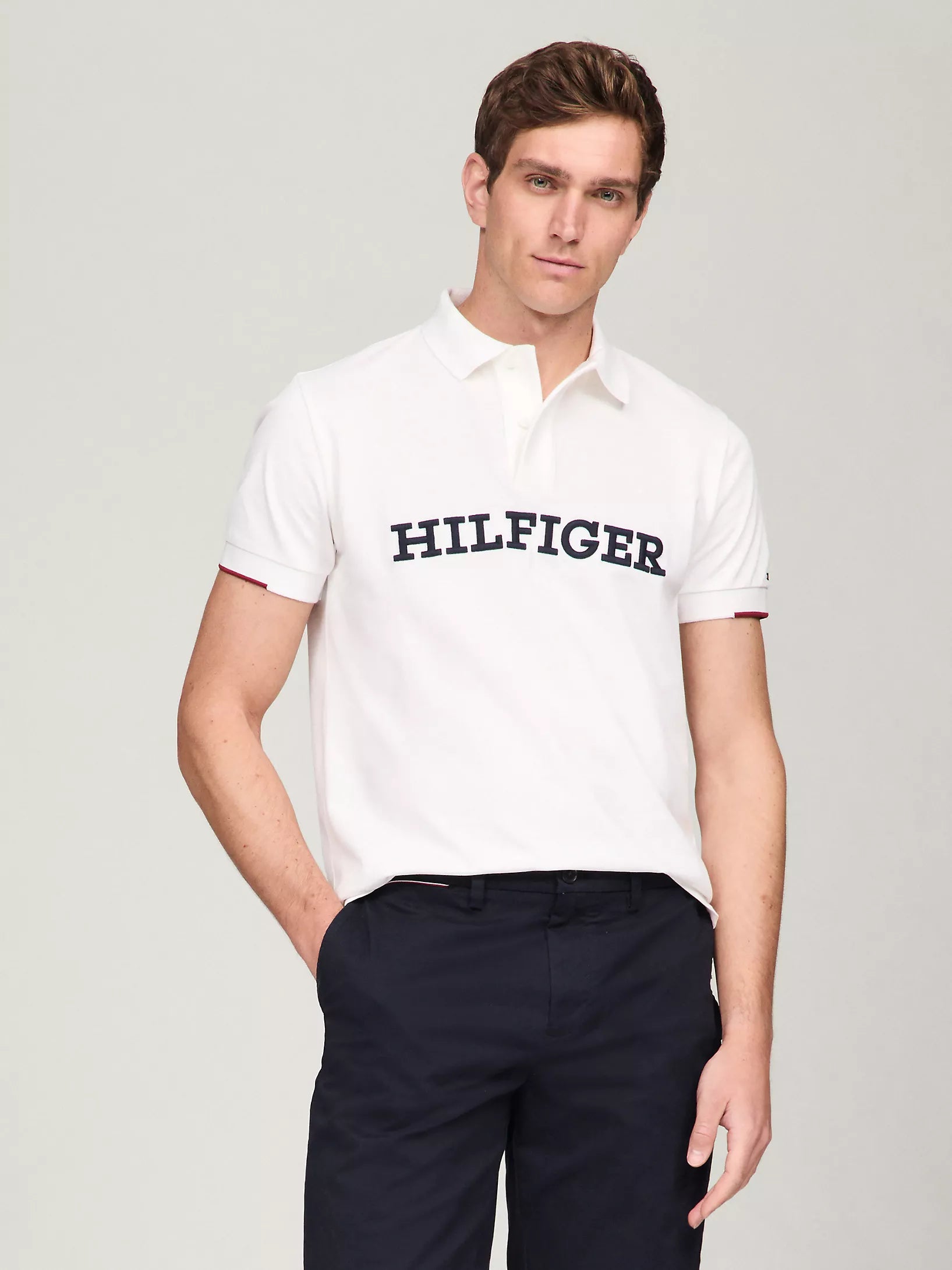 TOMMY HILFIGER Mens'Embroidered Monotype Regular Fit Polo / WHITE