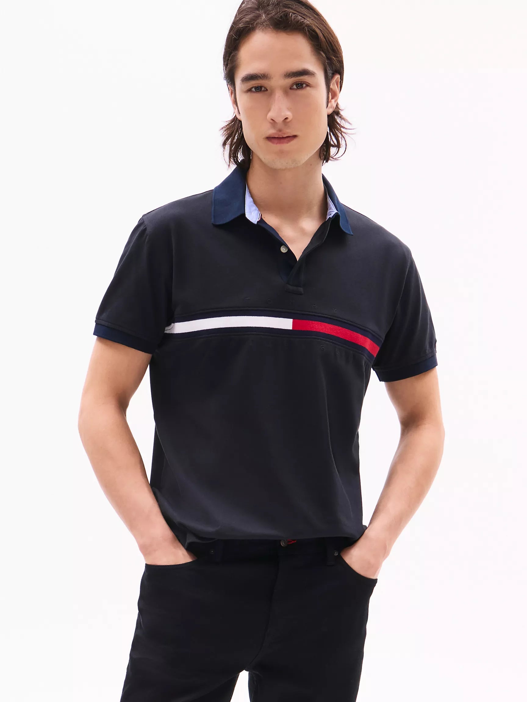 Tommy Mens' Embroidered Stripe Regular Fit Polo/ black