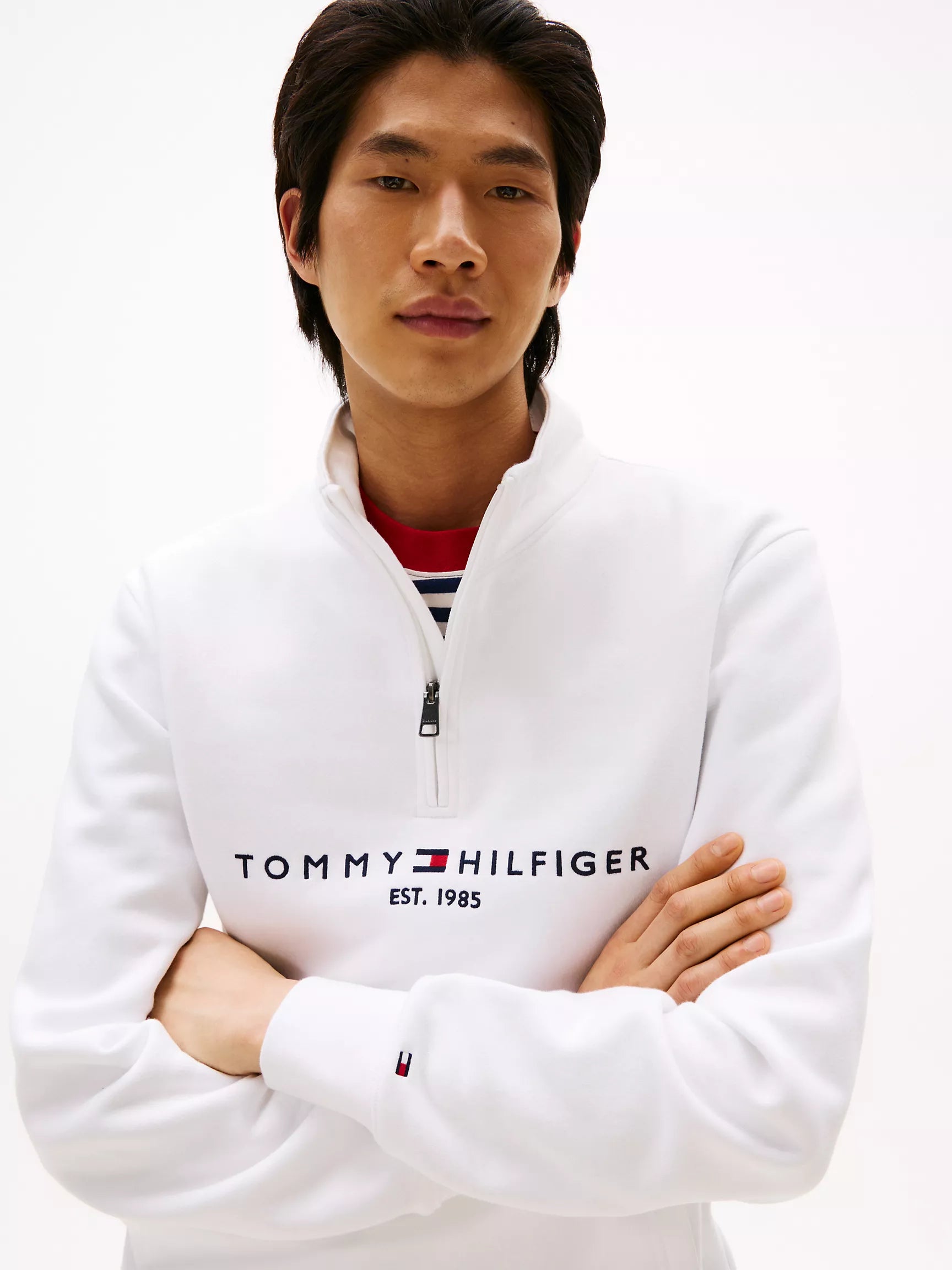 Tommy Mens'Embroidered Tommy Logo Quarter-Zip Fresh White