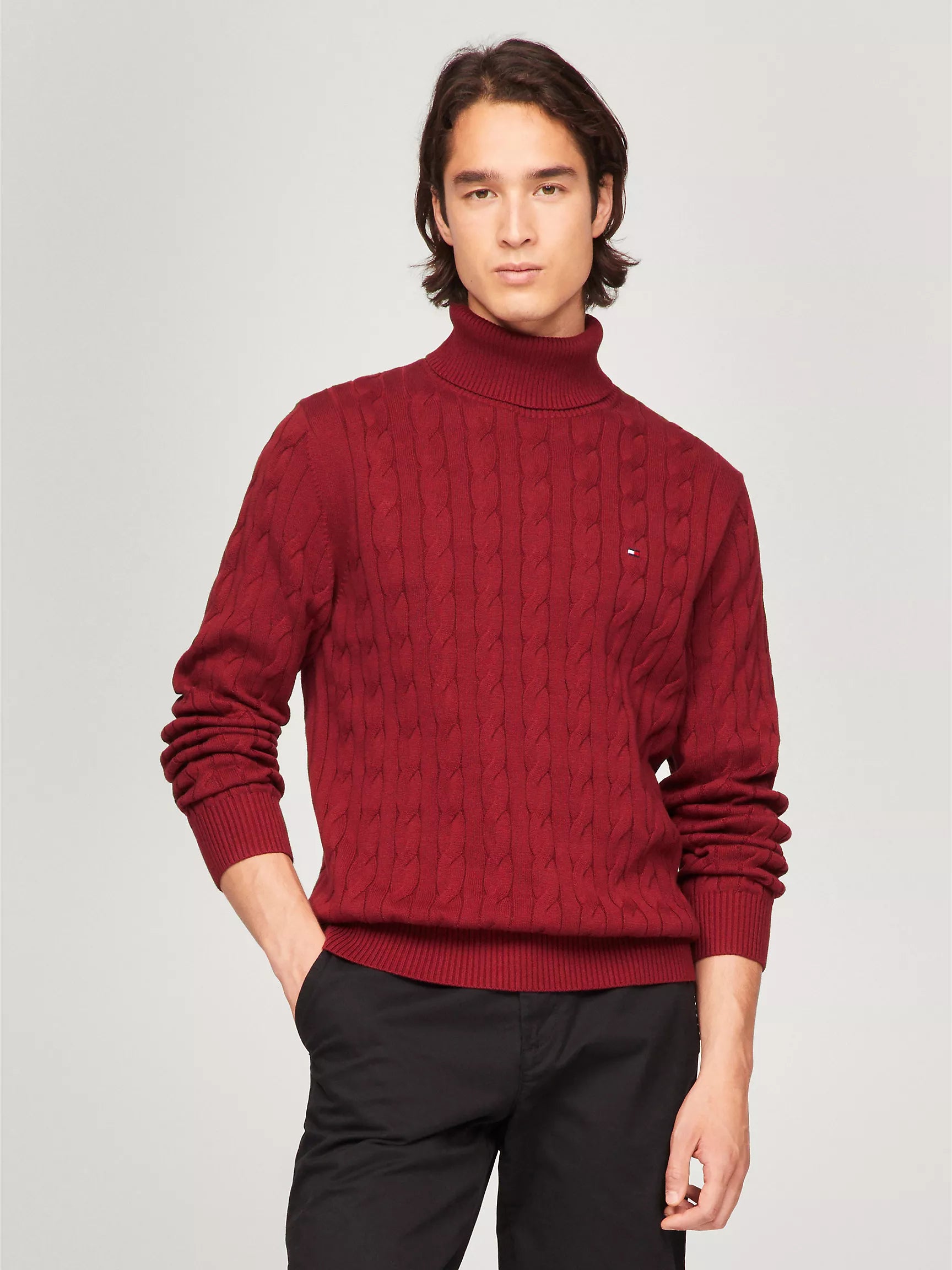 Mens' Tommy Hilfiger Cable Knit Turtleneck Sweater- Rouge