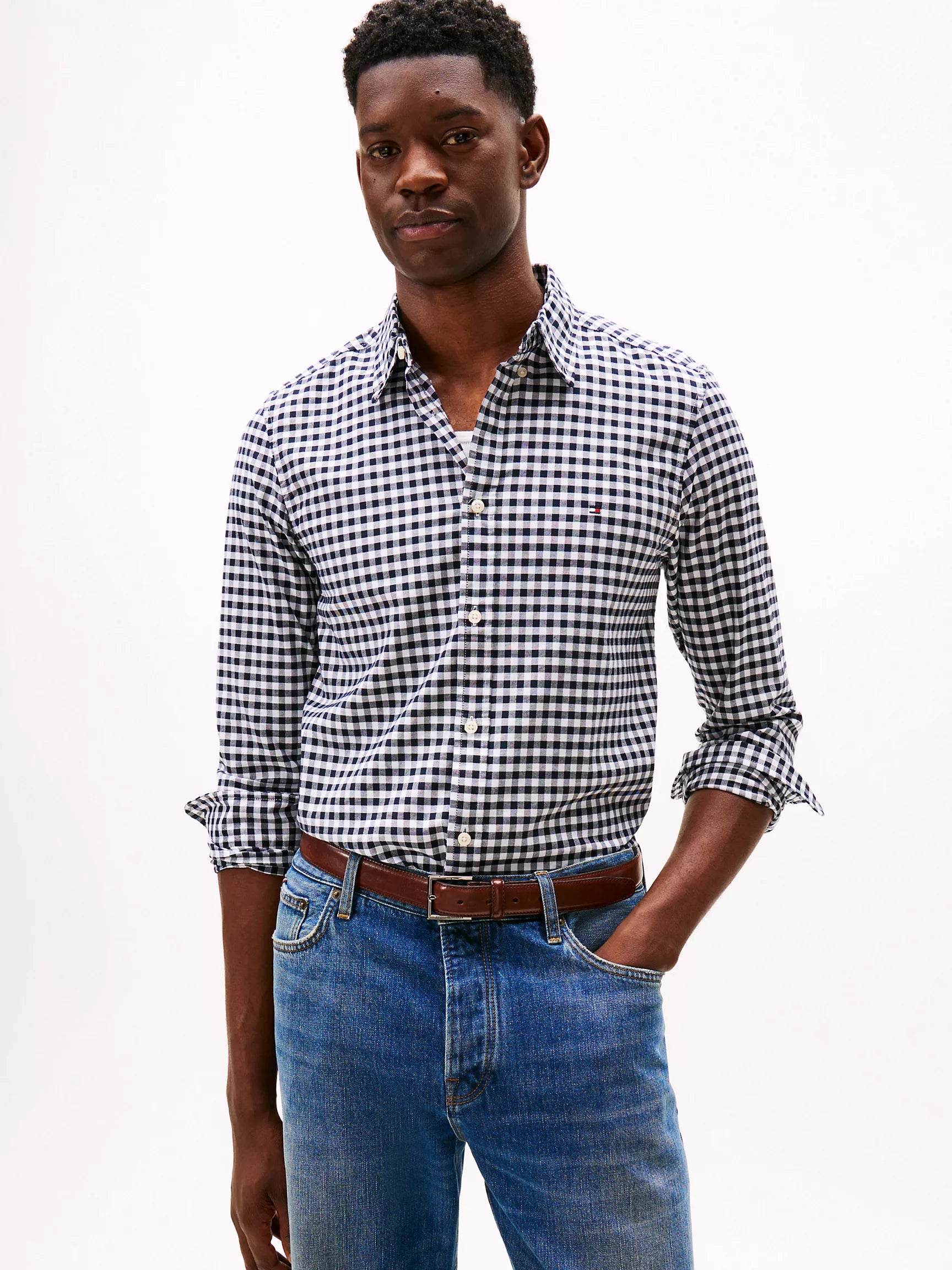 Slim Fit Stretch Gingham Oxford Shirt-Navy/Optic White