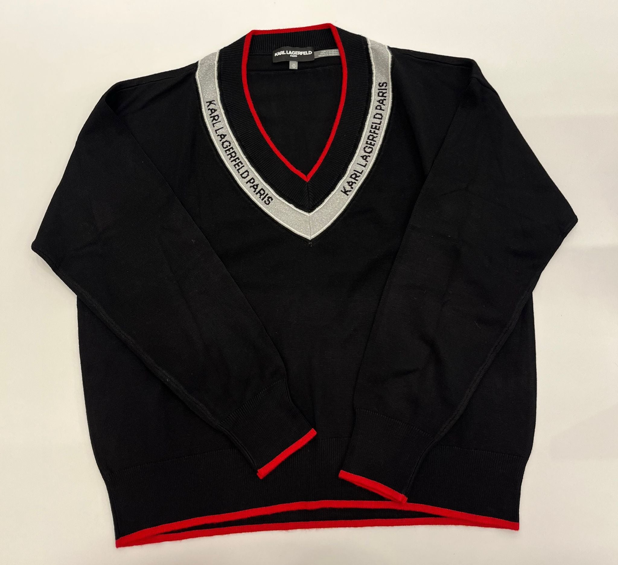 Karl Lagerfeld Paris Women's V-NECK LOGO TAPE SWEATER black