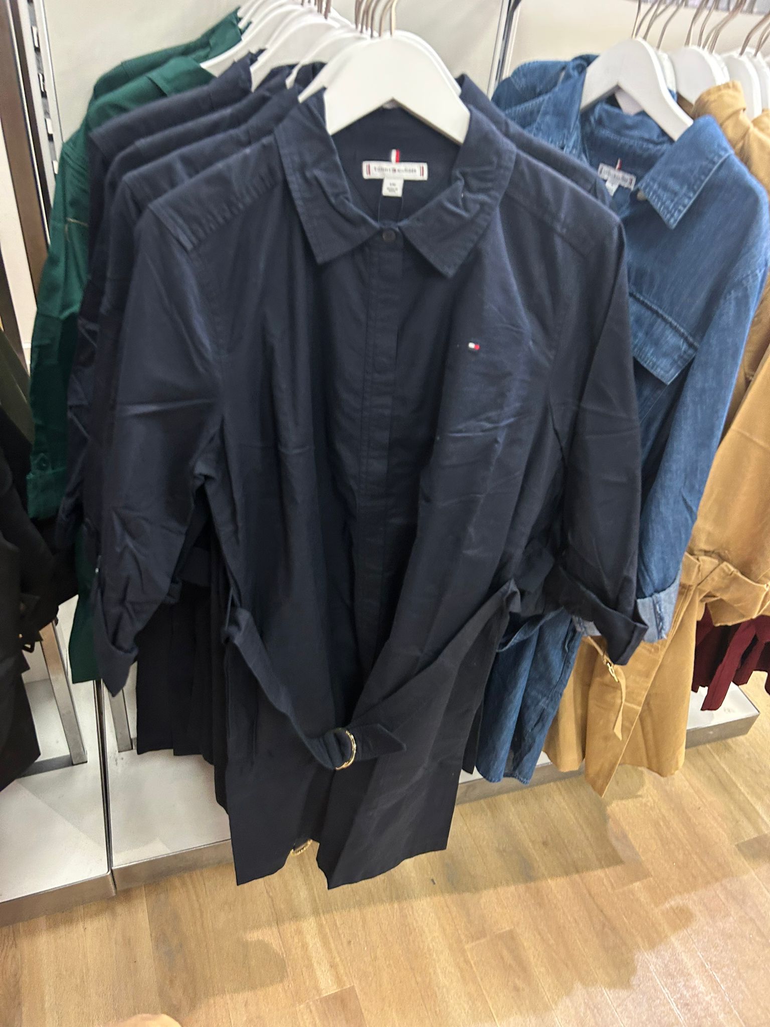 TOMMY WOMENS' Long-Sleeve Belted Oxford Shirtdress Navy Blue