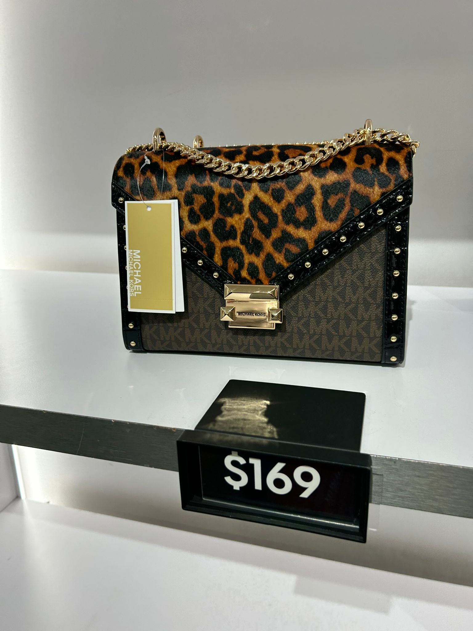 Womens' Michael Kors Whitney Leopard Print Calf Hair and Signature Logo Shoulder Bag BUTTERSCOTCH