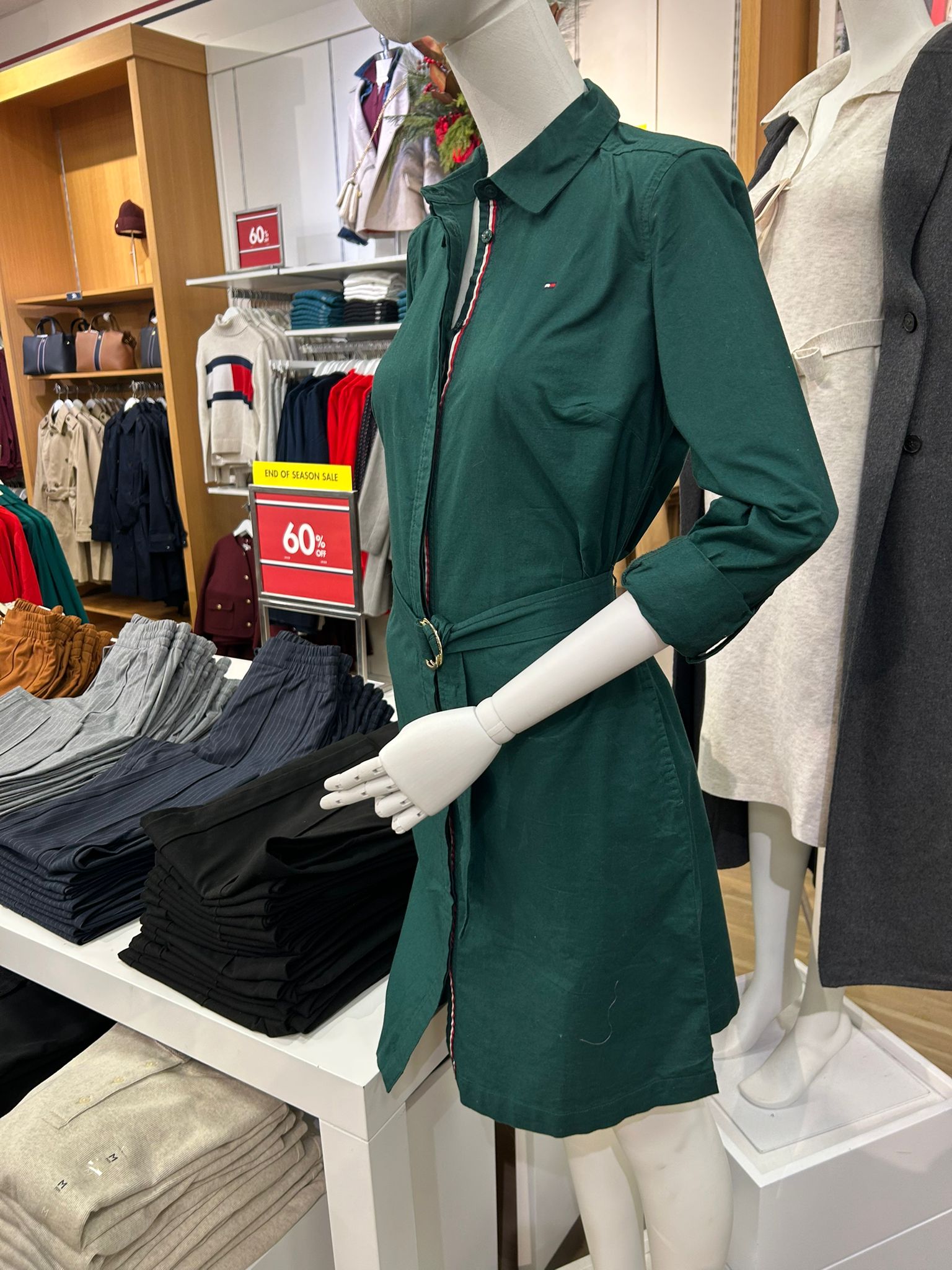 TOMMY WOMENS' Long-Sleeve Belted Oxford Shirtdress Ornamental Green