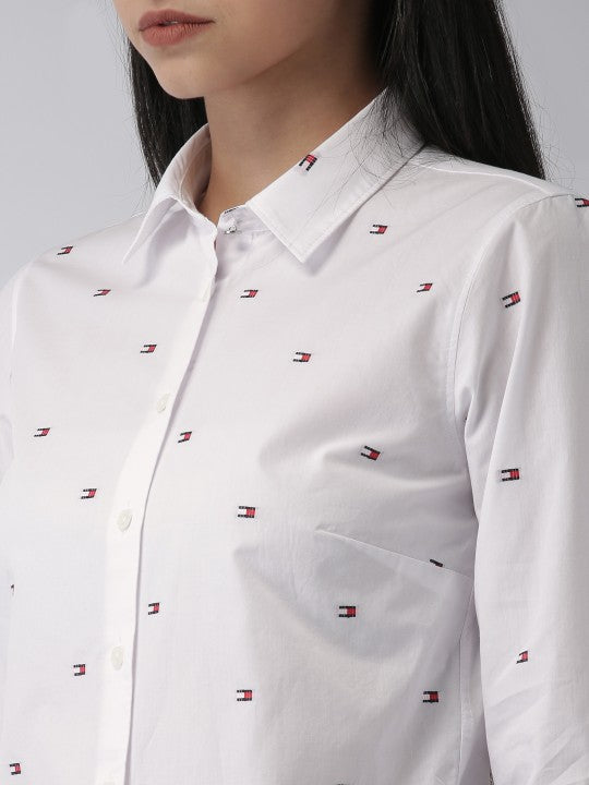 Tommy Hilfiger Women White Regular Fit Self Design Casual Shirt