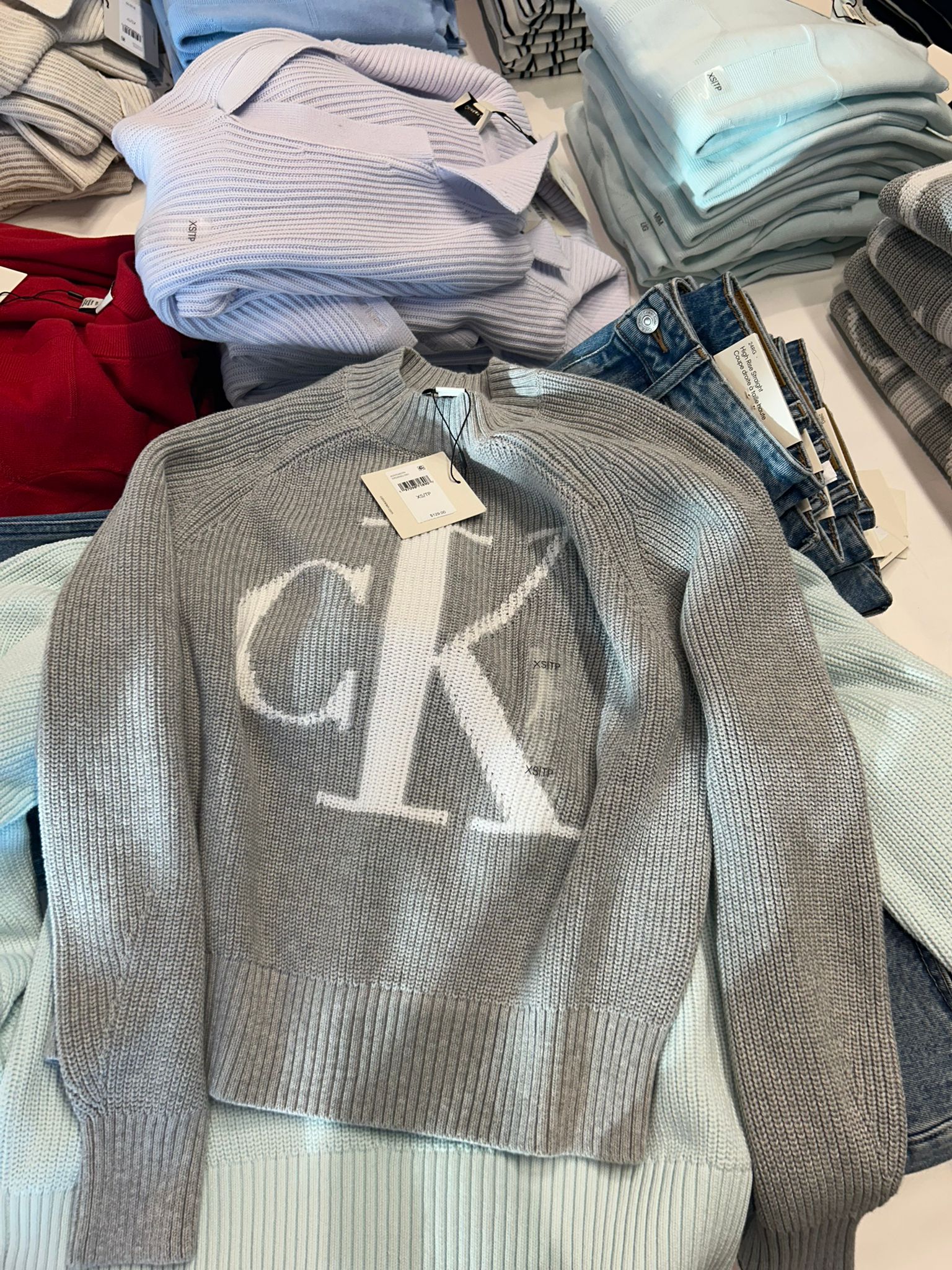 Calvin Klein Womens' Smooth Cotton Monogram Rib Classic Sweater