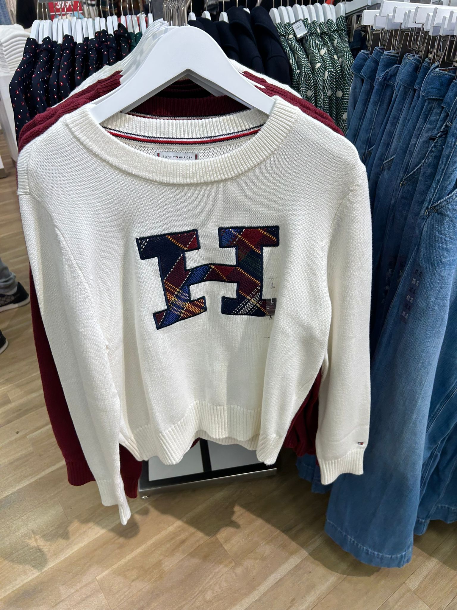 Womens' TOMMY Plaid Monogram Crewneck Sweater Ivory