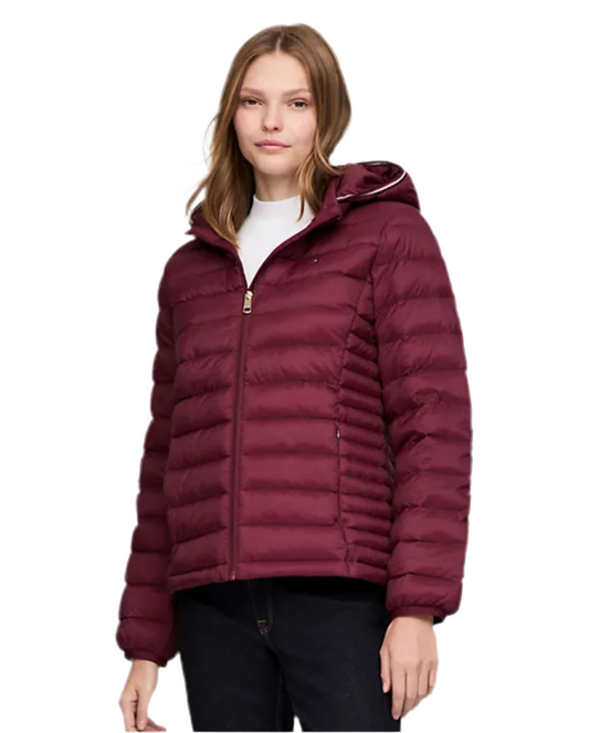 Women'sTOMMY HILFIGER Lightweight Hooded Puffer Jacket - Deep Rouge