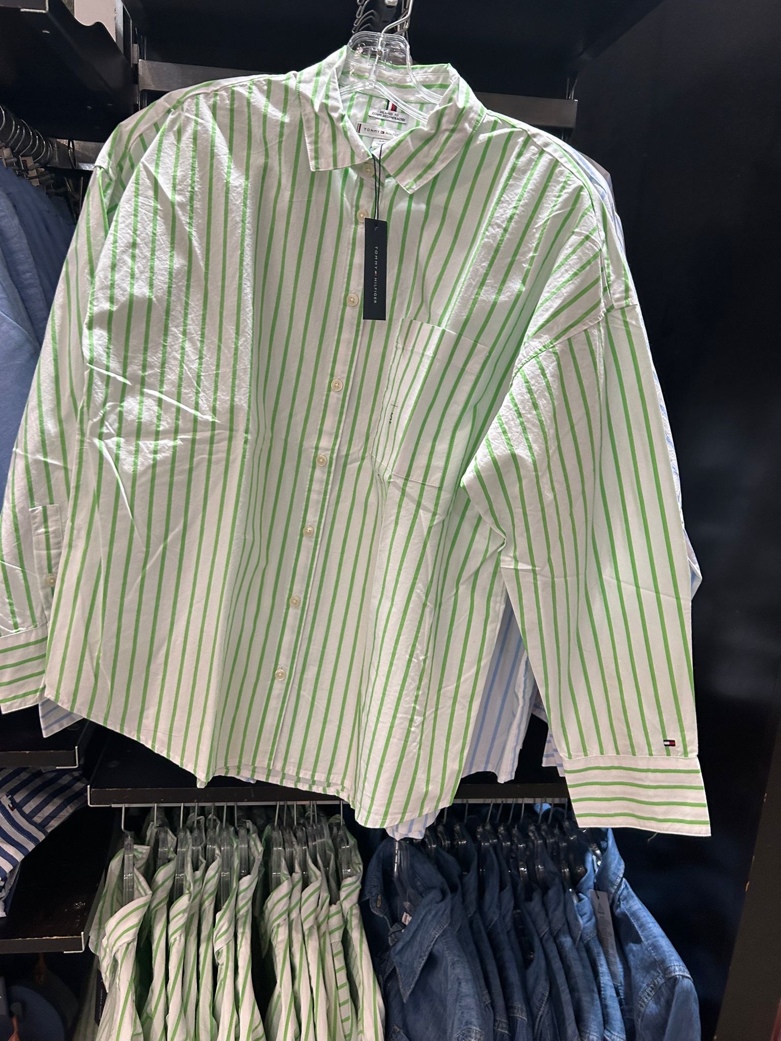 TOMMY WOMENS' Relaxed Fit Stripe Shirt/ Spring Lime Stripe