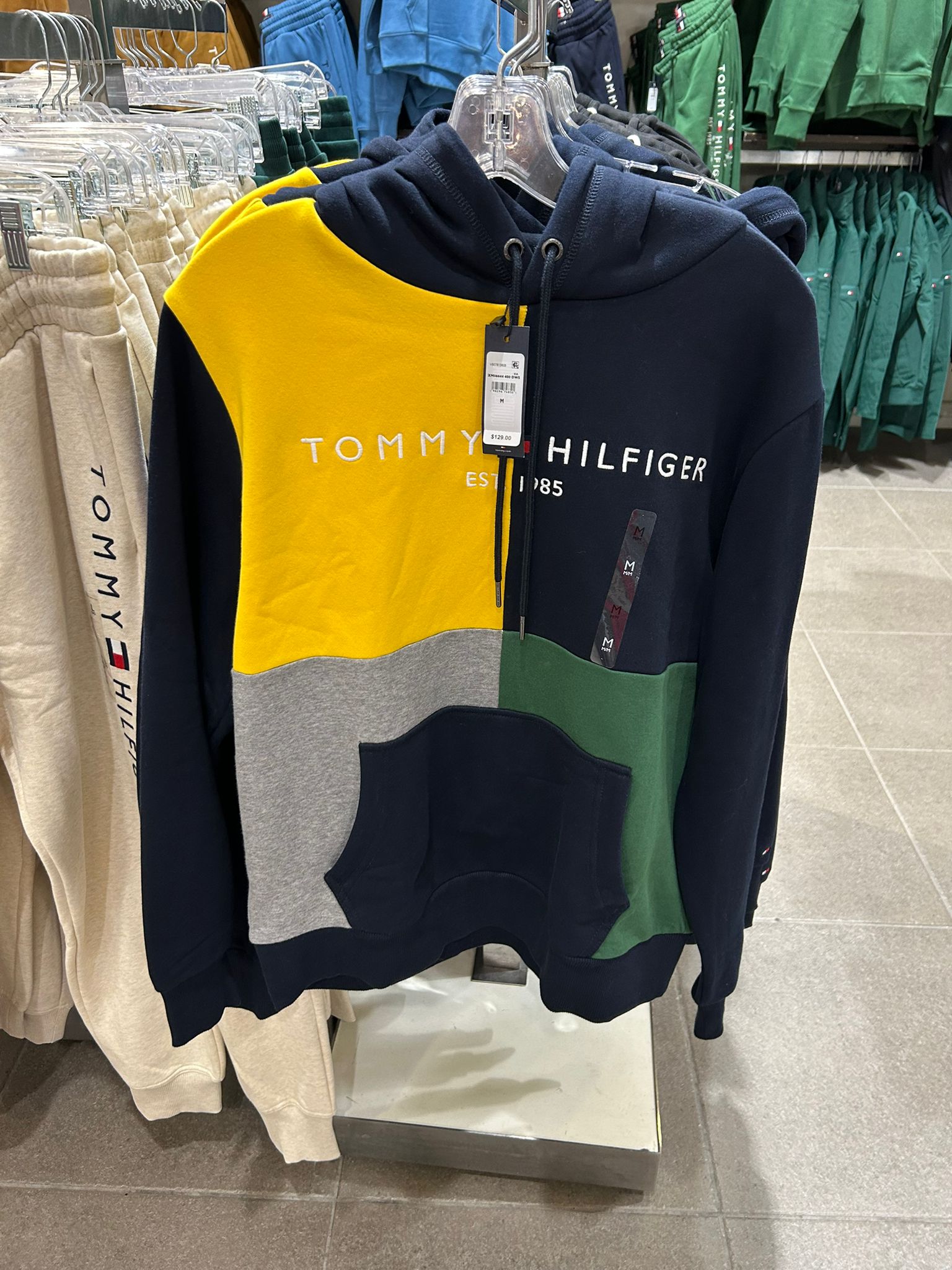 Tommy Mens' Quarter Colorblock Brushed-Fleece Hoodie Navy