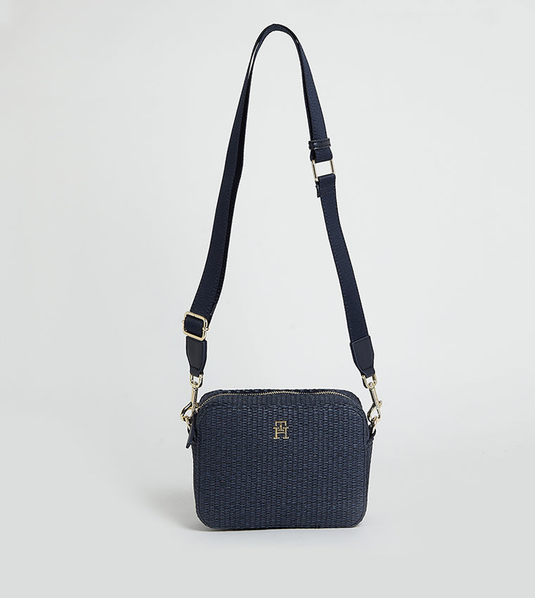 TOMMY HILFIGER WOMENS City Straw Embroidery Crossover Bag/ NAVY