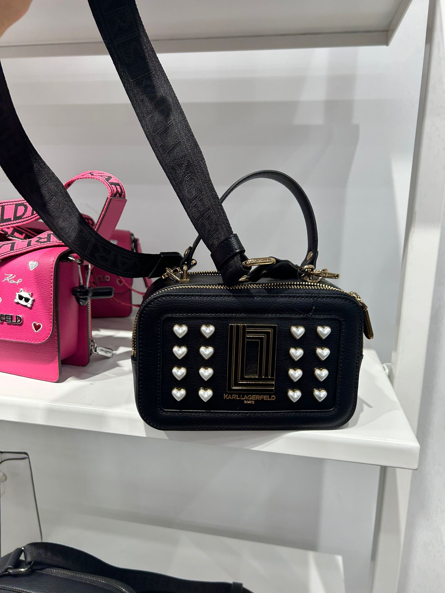 Karl Lagerfeld Paris Womens' SIMONE CROSSBODY LOTUS WITH PEARL HEARTS Black