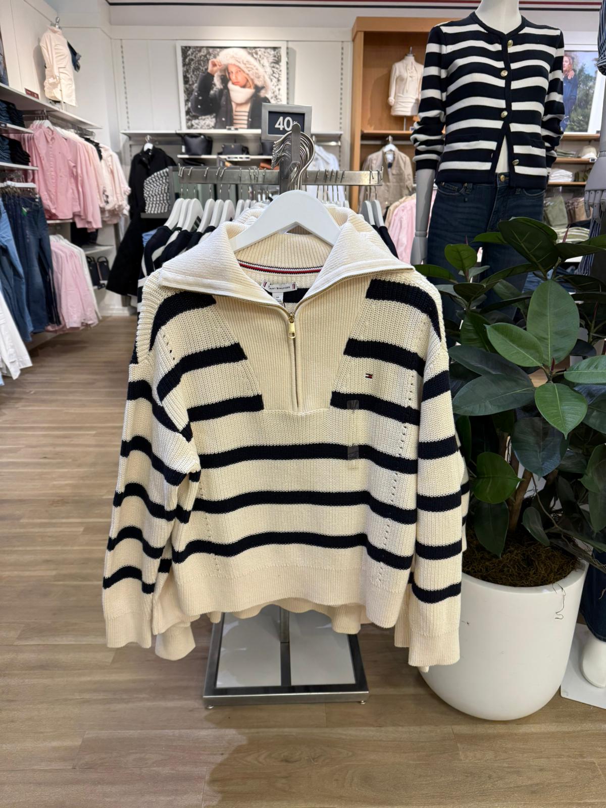 TOMMY WOMENS' Stripe Half-Zip Sweater