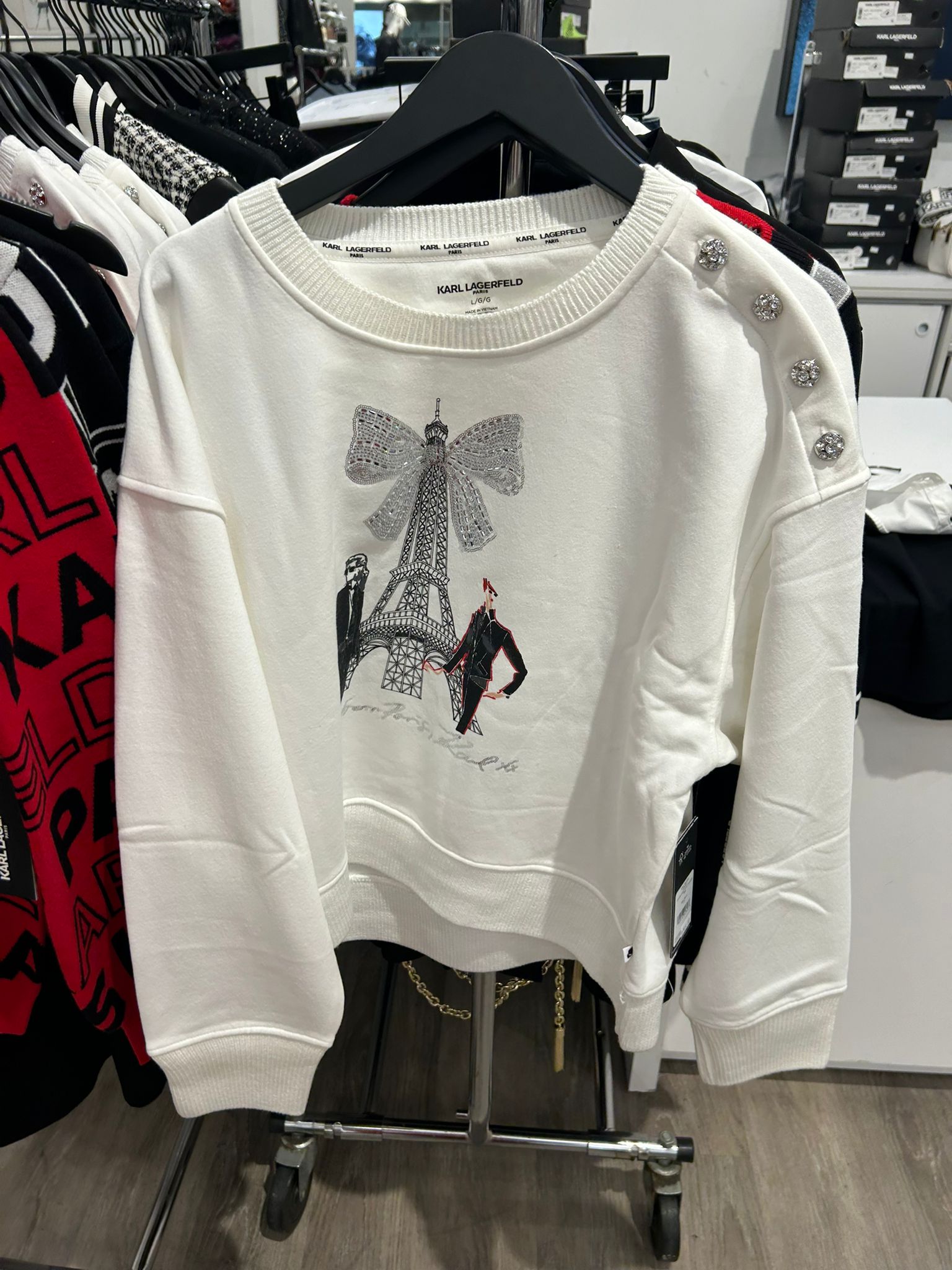 Karl Lagerfeld Paris Womens' EIFFEL TOWER BOW SWEATSHIRT WITH BUTTONS