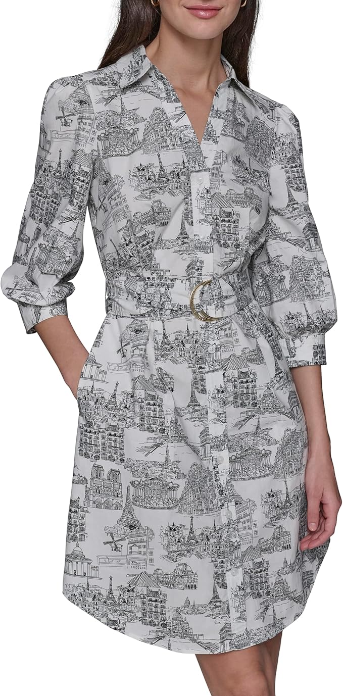 KARL LAGERFELD Button Up Collared Belted Shirt Dress Vestido Majer-Soft white and black
