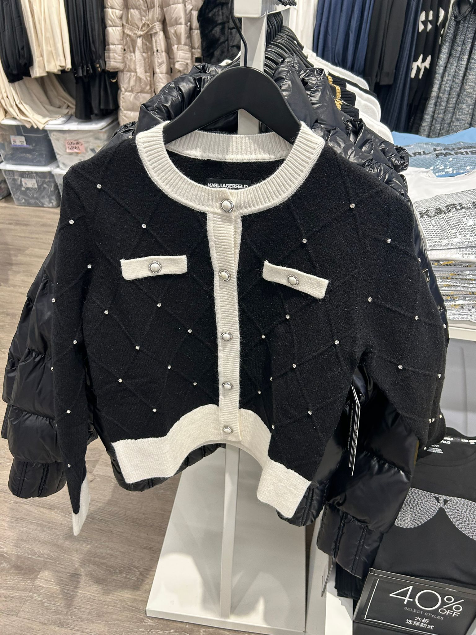 KARL LAGERFELD PARIS Women's Crew Neck Front-Button Cardigan Sweater