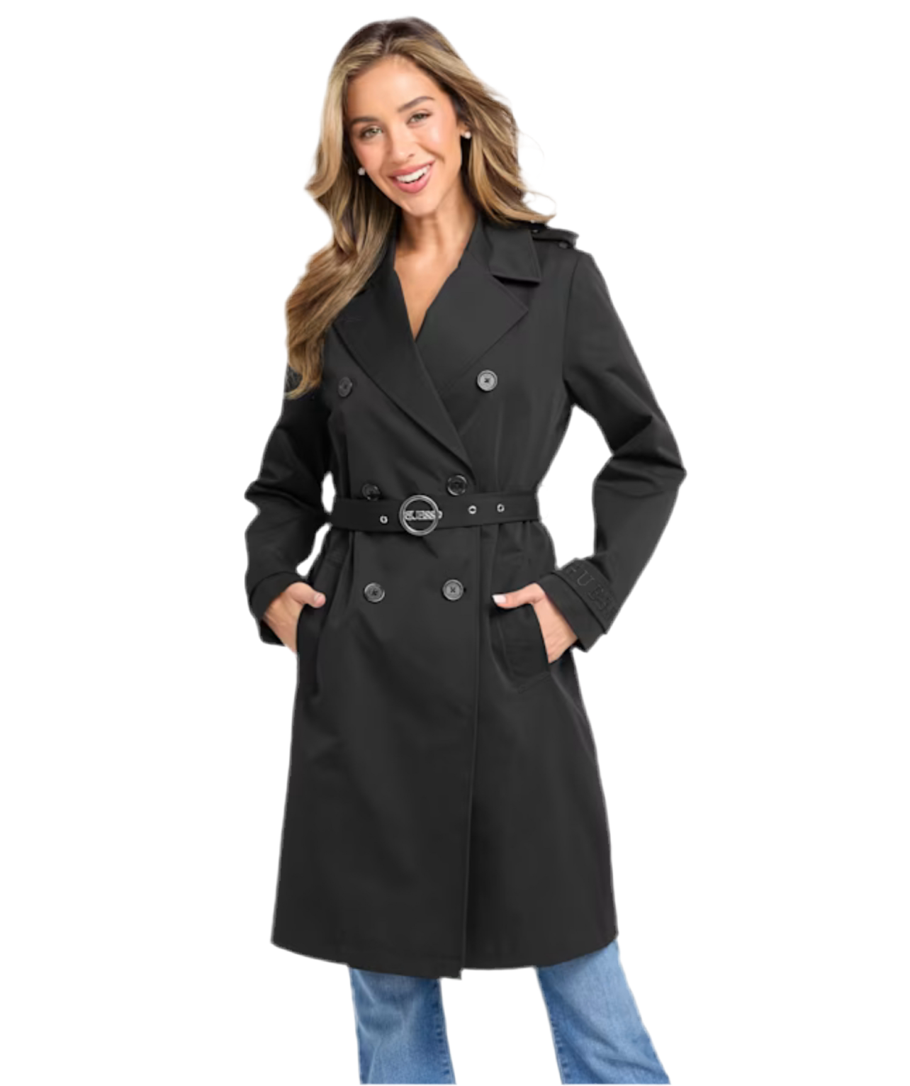 Women's Guess Ally Double-Breasted Trench Jacket - Black