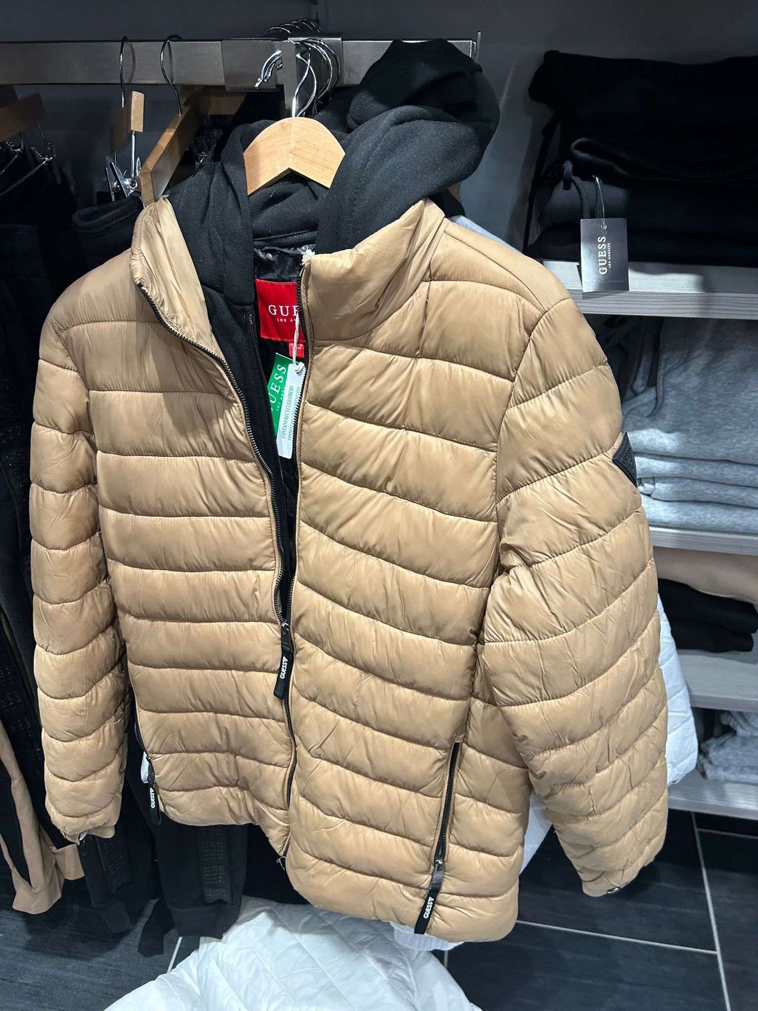 GUESS Mens' Harrison Hooded Quilted Jacket Beige