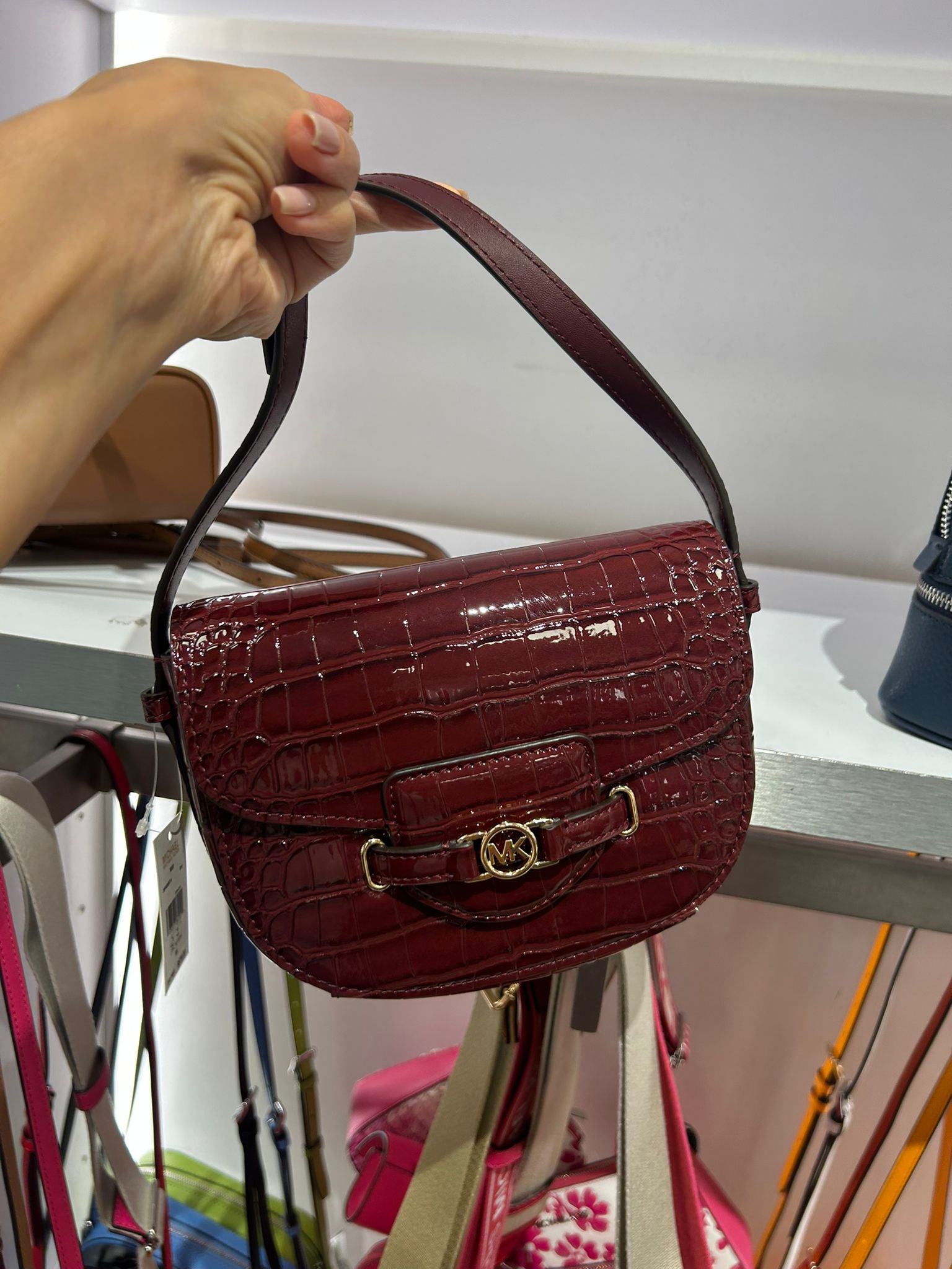Women Michael Kors Saddle Crocodile Embossed Cross Body Bag, Maroon