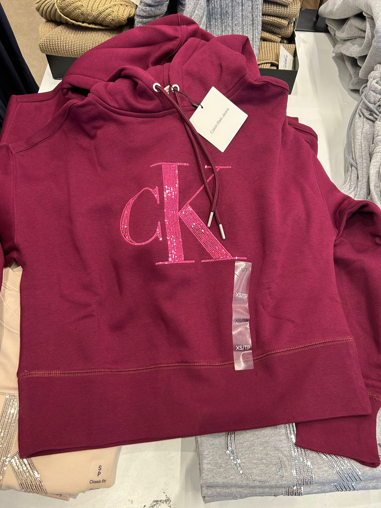 Womens' Calvin Klein Fleece Sequin Monogram Relaxed Hoodie Berry Glaze