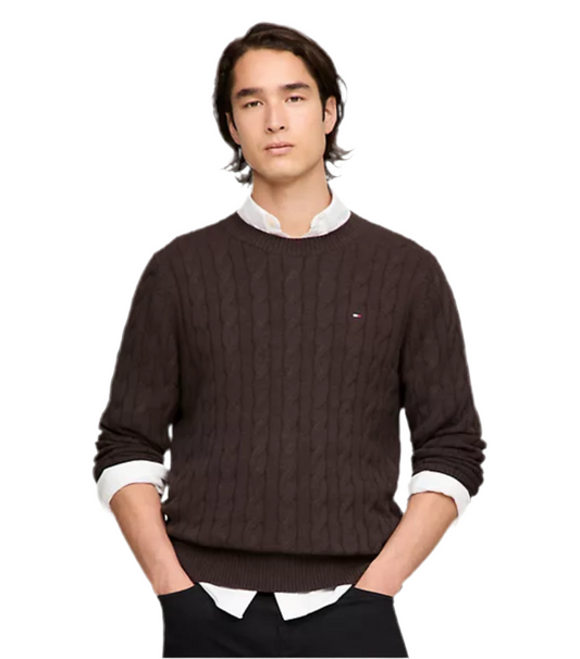 Men Tommy Hilfiger Cable Knit Crewneck Sweater - Brown