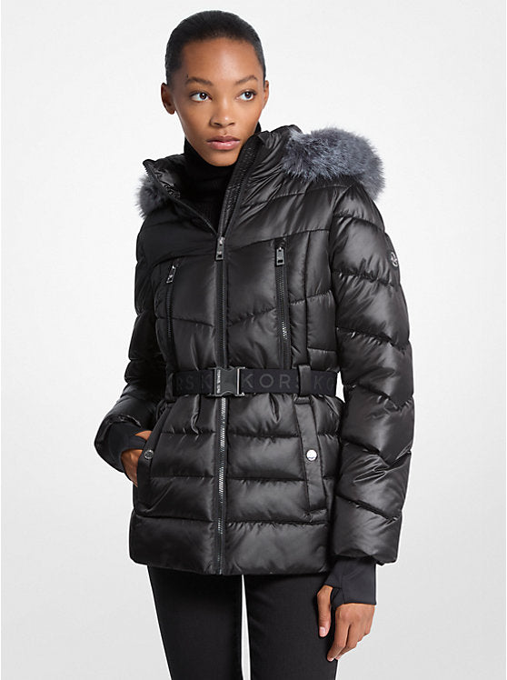 Michael Kors WOMENS' Faux Fur Trim Belted Puffer Jacket Black