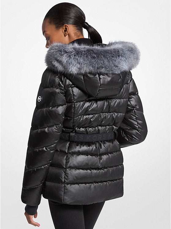 Michael Kors WOMENS' Faux Fur Trim Belted Puffer Jacket Black