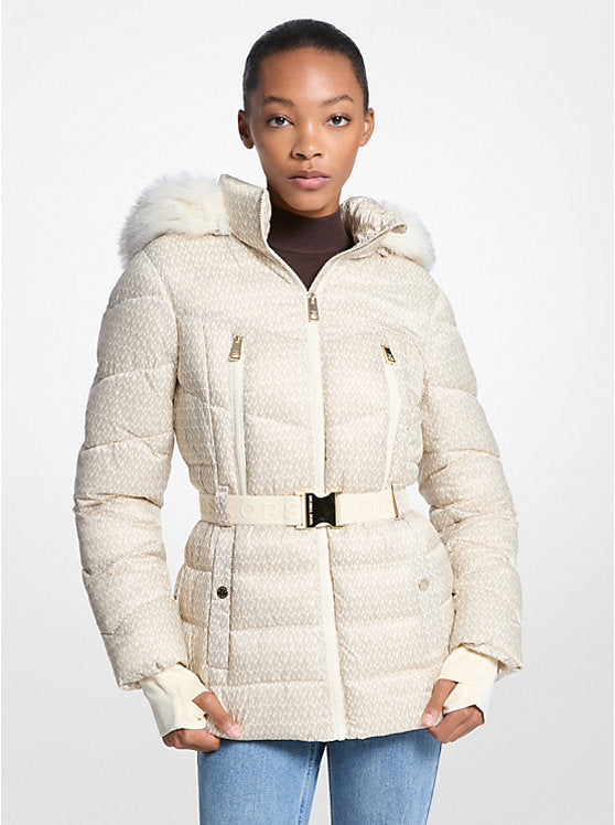Michael Kors WOMENS' Faux Fur Trim Belted Puffer Jacket BONE