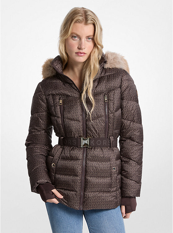 Michael Kors WOMENS' Faux Fur Trim Belted Puffer Jacket CHOCOLATE