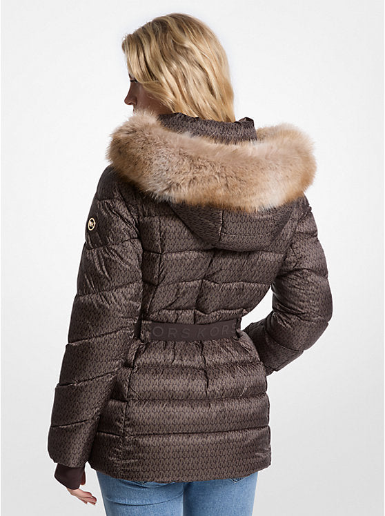 Michael Kors WOMENS' Faux Fur Trim Belted Puffer Jacket CHOCOLATE