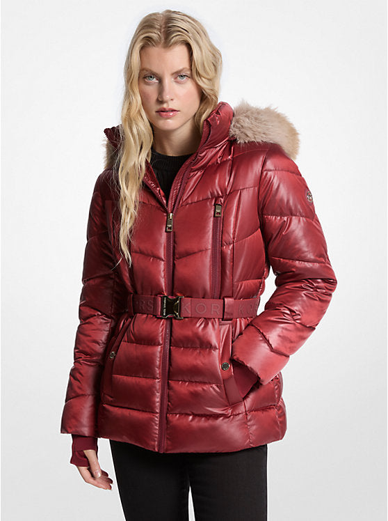 Michael Kors WOMENS' Faux Fur Trim Belted Puffer Jacket CHERRY
