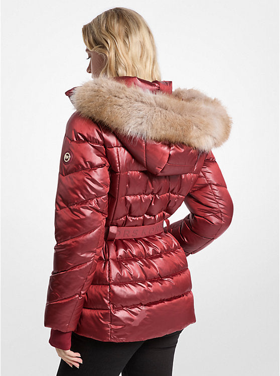 Michael Kors WOMENS' Faux Fur Trim Belted Puffer Jacket CHERRY
