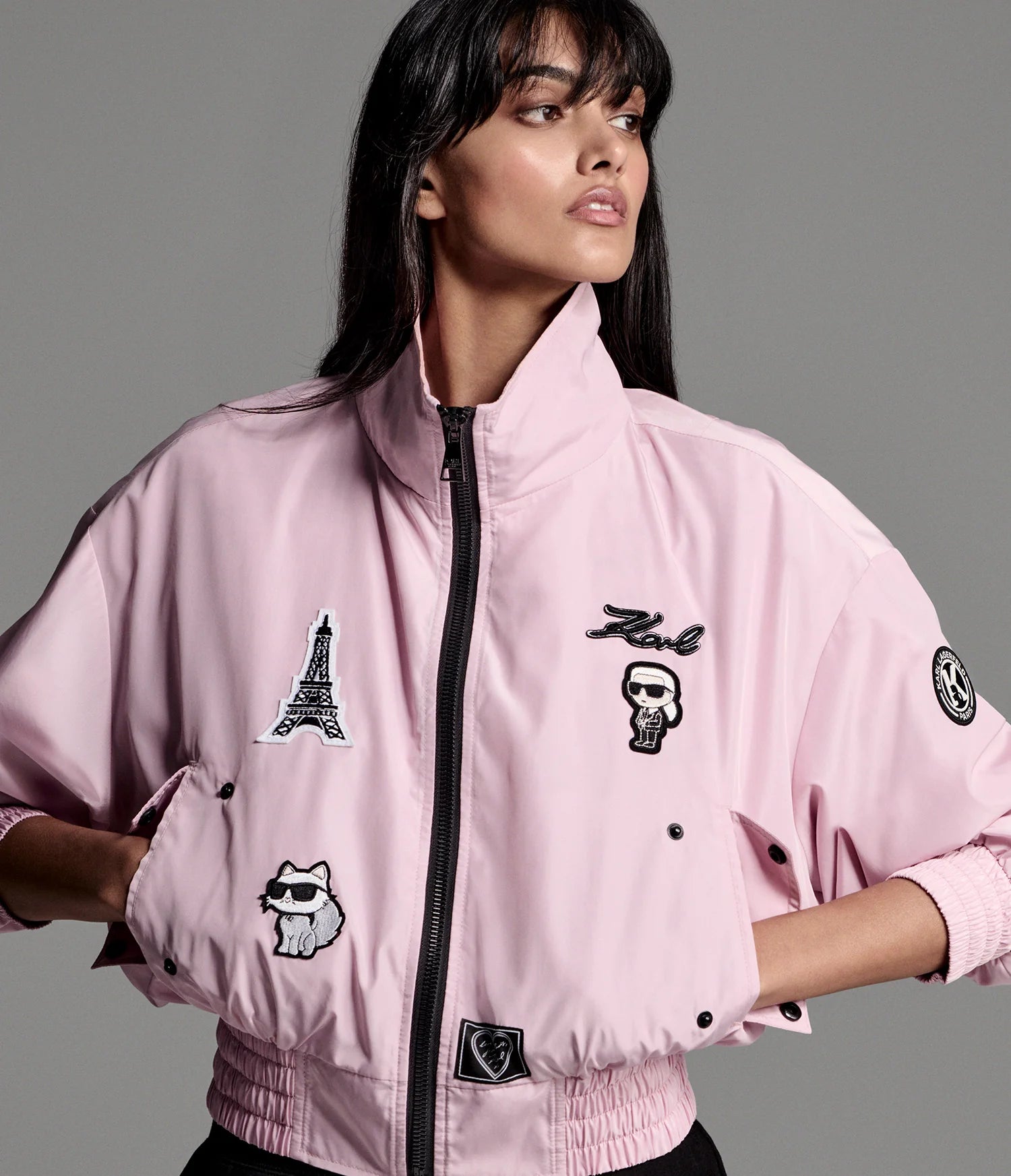 KARL LAGERFELD PATCH BOMBER JACKET-Pink