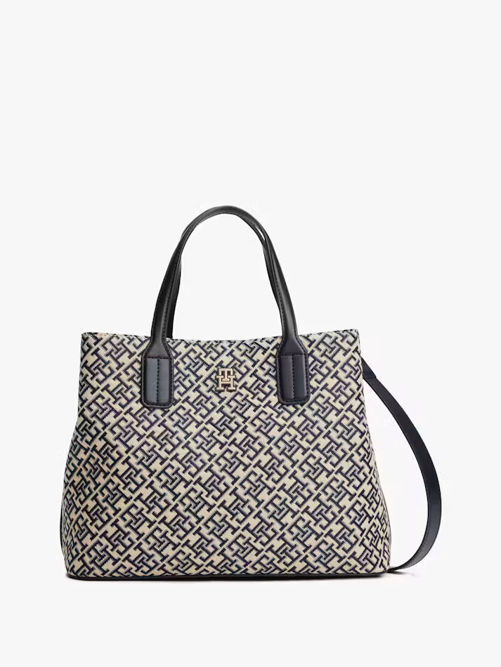 Tommy Hilfiger Women's Jacquard Monogram Logo Crossbody Satchel-Blue/Beige