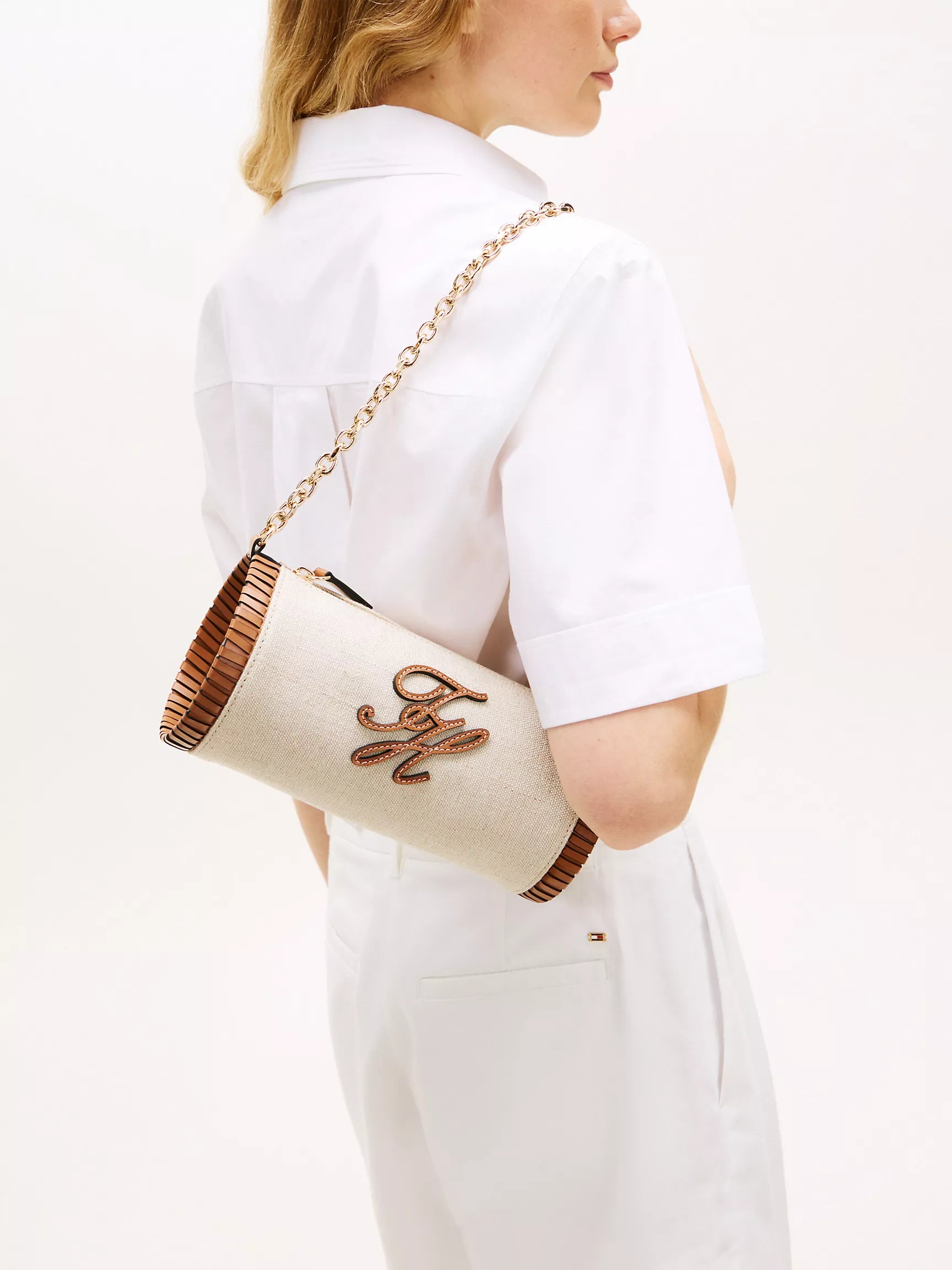 Tommy Women's Script Monogram Linen Chain Strap Bag-Canvas/Cognac