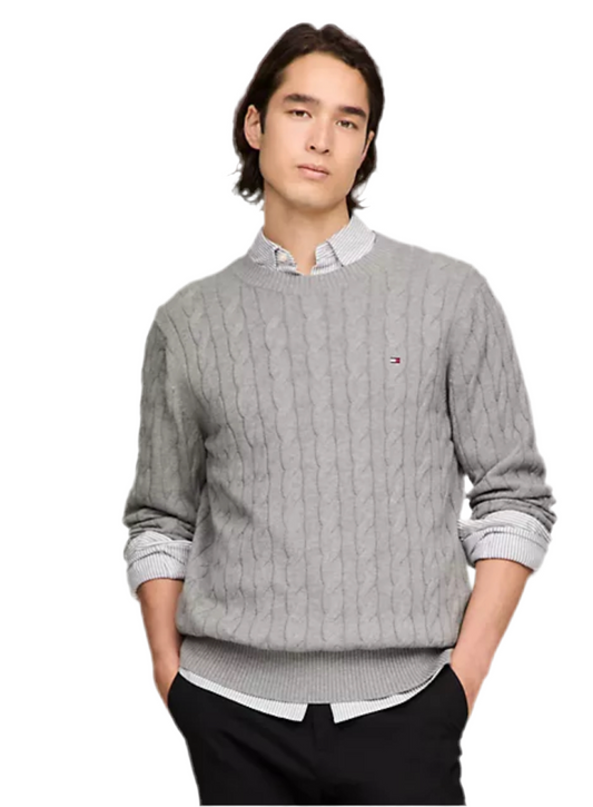 Men Tommy Hilfiger Cable Knit Crewneck Sweater - Grey