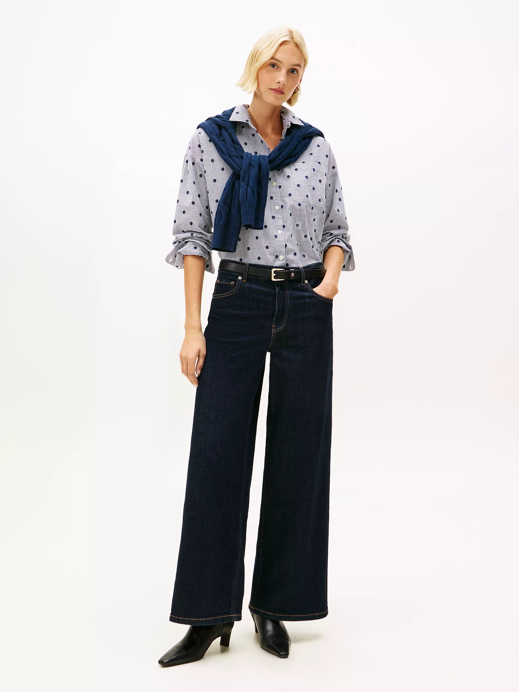 Tommy Womens' Relaxed Polka-Dot Poplin Jacquard Shirt/Carbon Navy