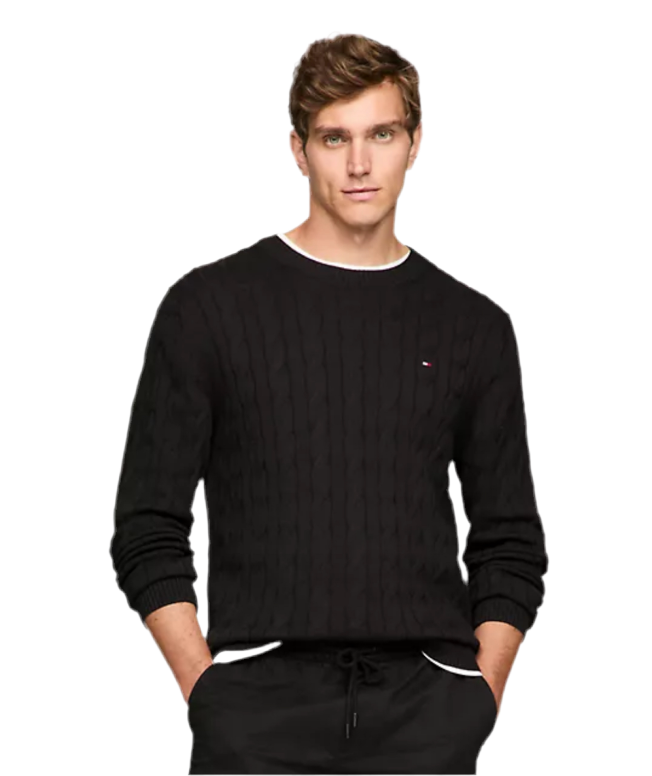 Men Tommy Hilfiger Cable Knit Crewneck Sweater - Black