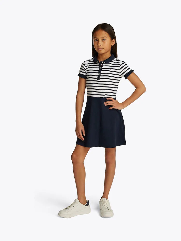 Kids' Pleated Stripped Stretch Polo Dress-Blue