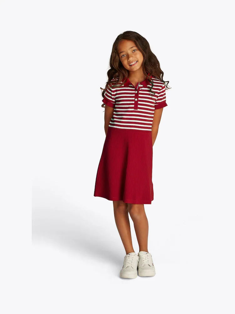Kids' Pleated Stripped Stretch Polo Dress-Red