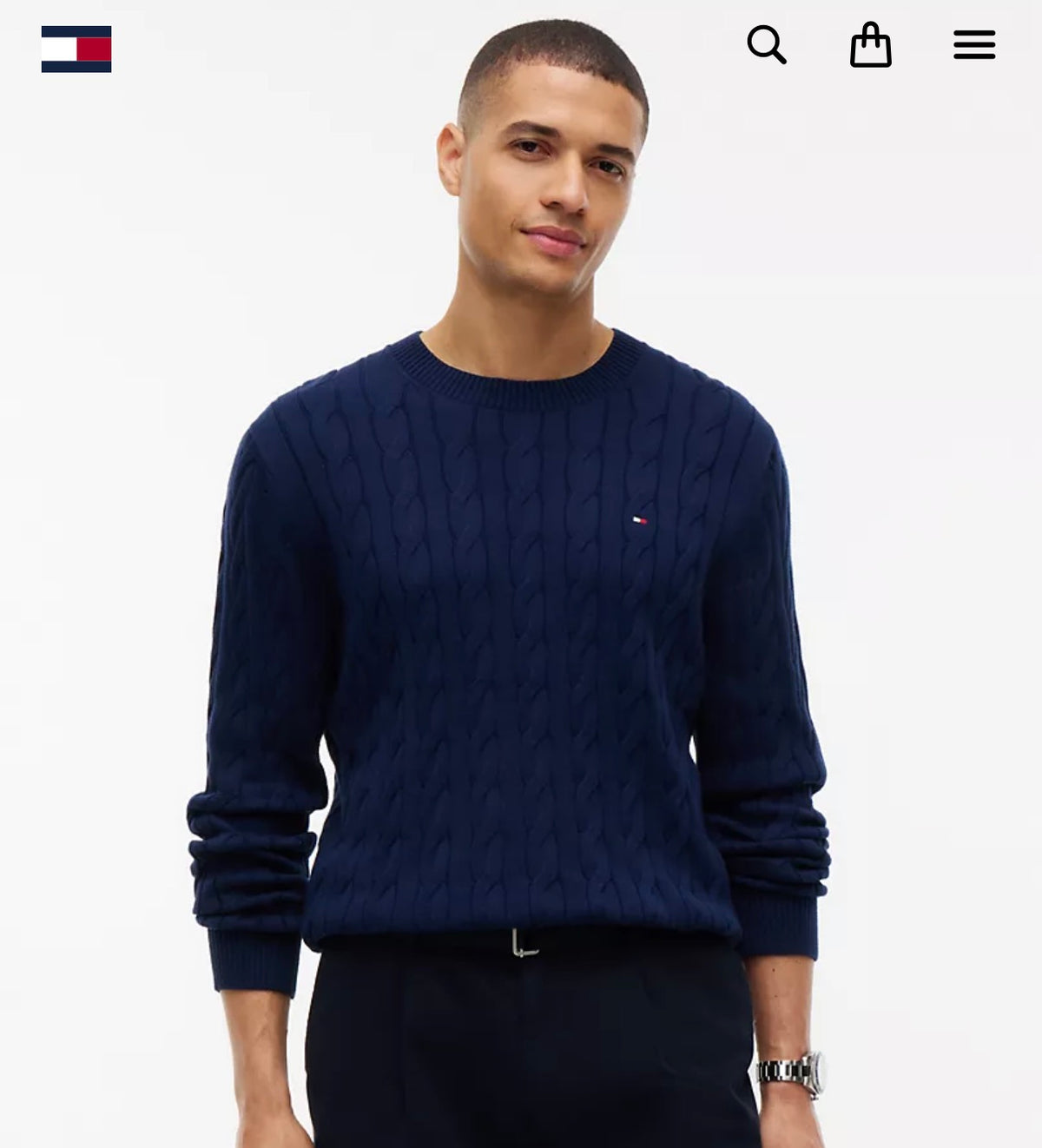 Cable Knit Crewneck  Men Sweater-Navy